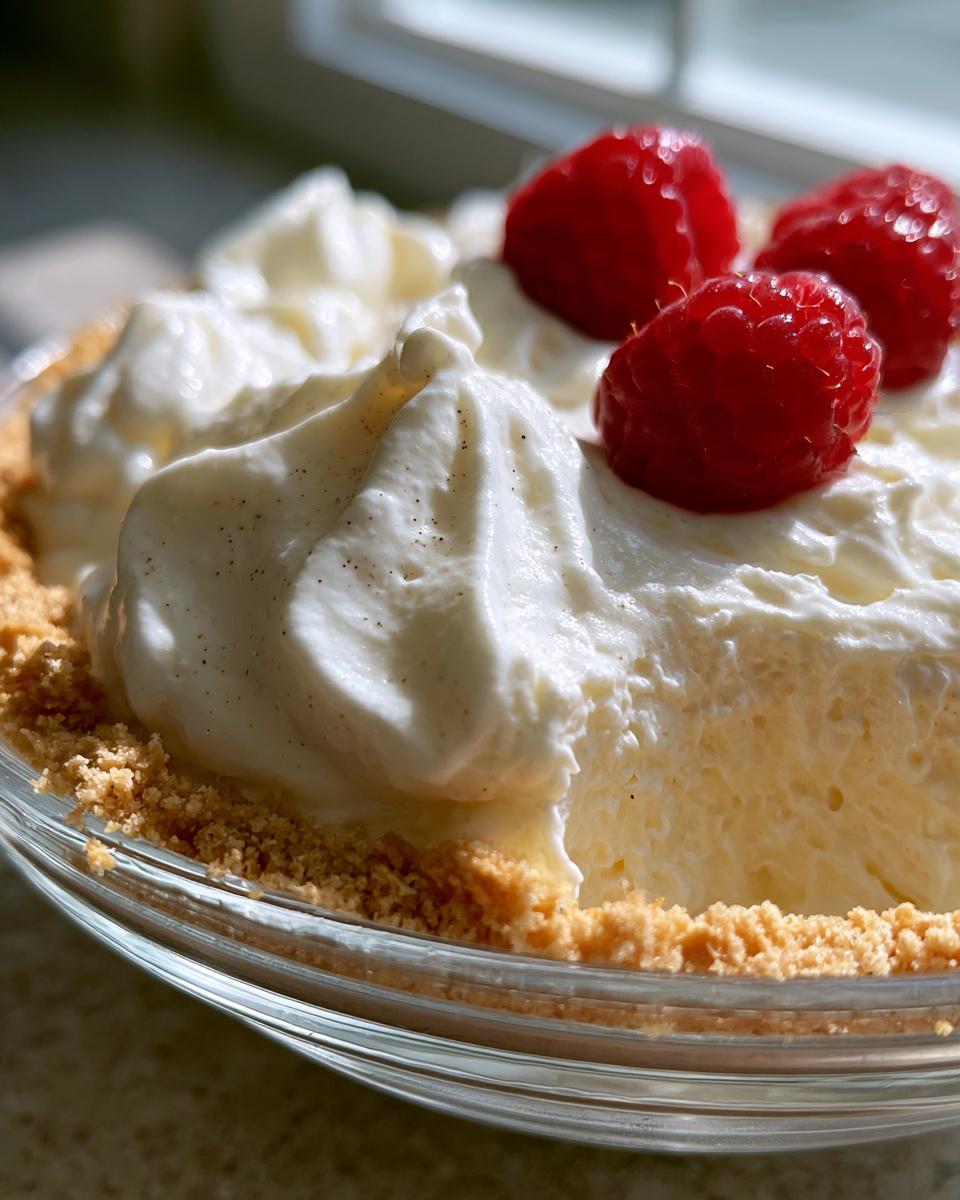 Cheesecake Fluff Saves Your Day in 15 Minutes 4 Close-up of a creamy Cheesecake Fluff dessert in a glass dish, topped with whipped cream and fresh raspberries.