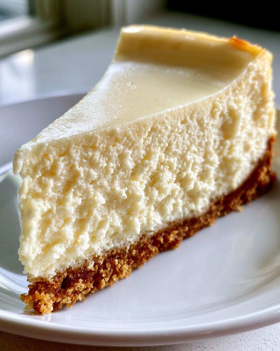Cheesecake Heaven: Irresistibly Smooth & Dreamy 4 A perfect slice of creamy cheesecake heaven with a graham cracker crust on a white plate.