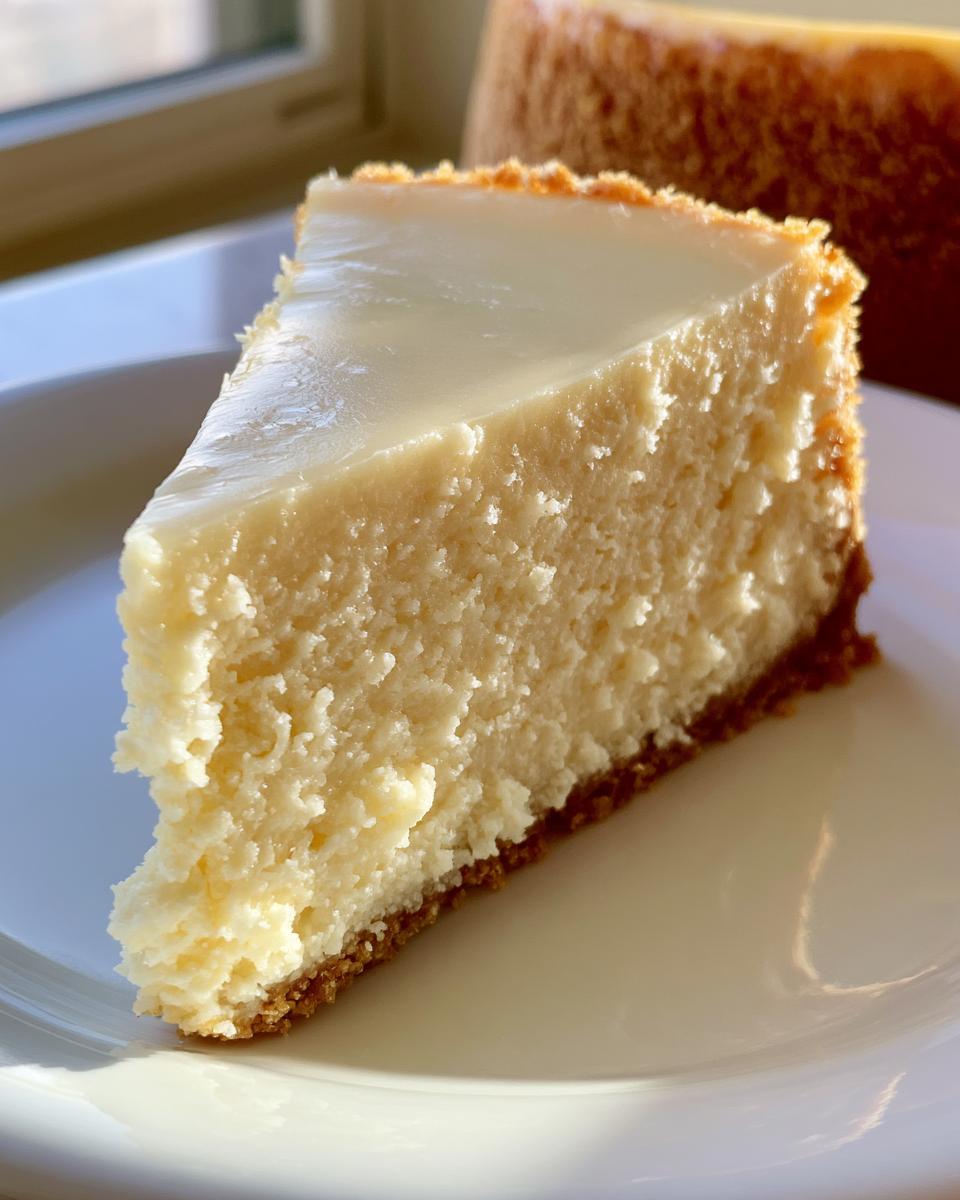 Cheesecake Heaven: Irresistibly Smooth & Dreamy 5 A perfect slice of Cheesecake Heaven with a creamy filling and graham cracker crust on a white plate.
