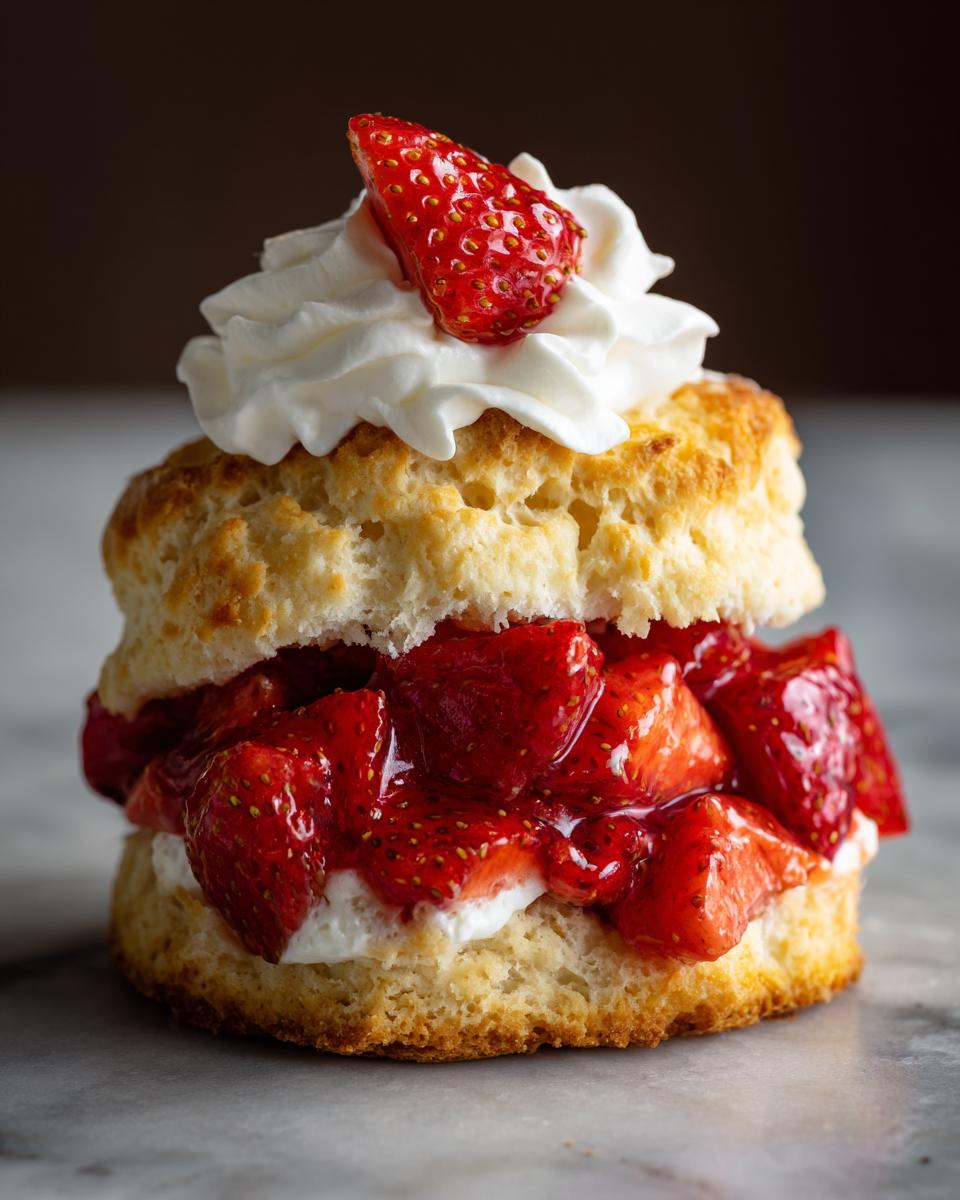 Chef John's Classic Strawberry Shortcake Delight 4 A close-up of Chef John's Classic Strawberry Shortcake, featuring a fluffy biscuit, fresh strawberries, and whipped cream.