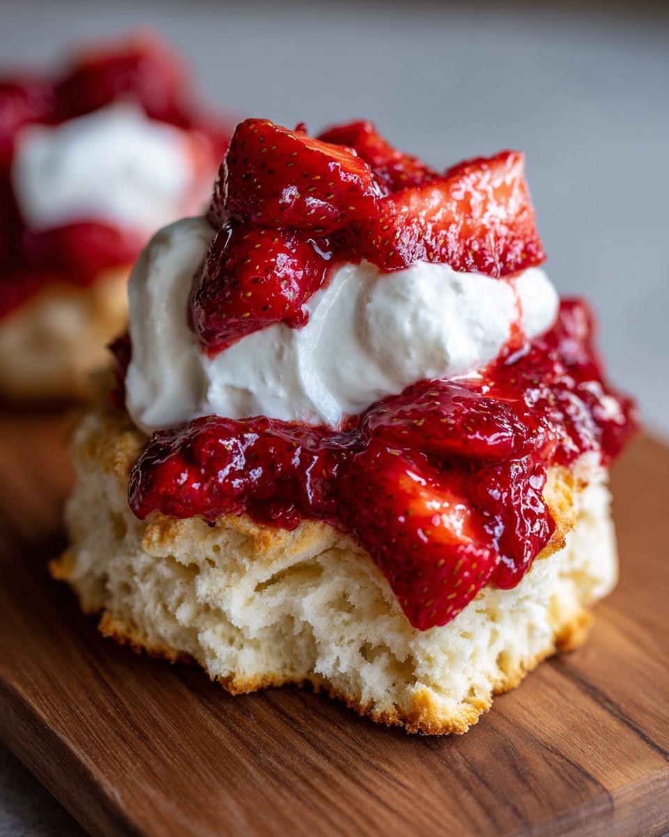 Chef John's Classic Strawberry Shortcake Delight 5 Close-up of Chef John's Classic Strawberry Shortcake with fresh strawberries and whipped cream on a biscuit.