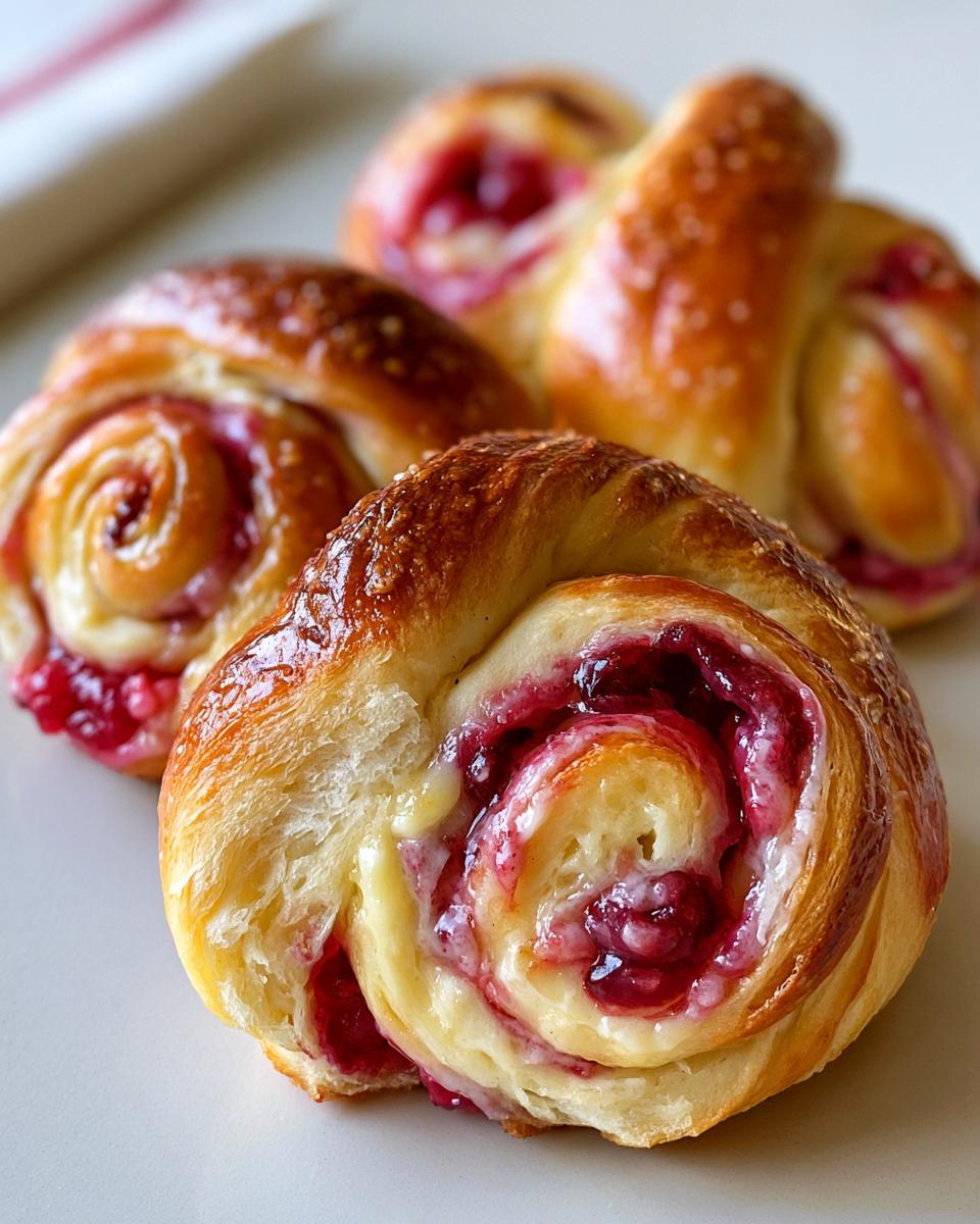 Soft Cherry Vanilla Cream Brioche Knots Recipe 4 Close-up of delicious Cherry Vanilla Cream Brioche Knots, showing the swirled dough and cherry filling.