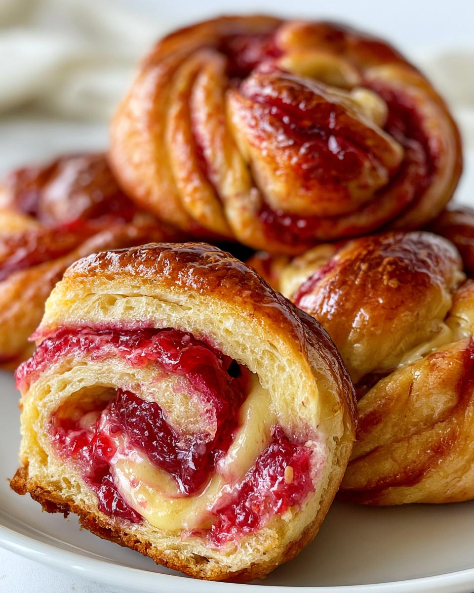 Soft Cherry Vanilla Cream Brioche Knots Recipe 5 Close-up of a soft Cherry Vanilla Cream Brioche Knot, showing the swirled dough filled with creamy vanilla and tart cherry filling.