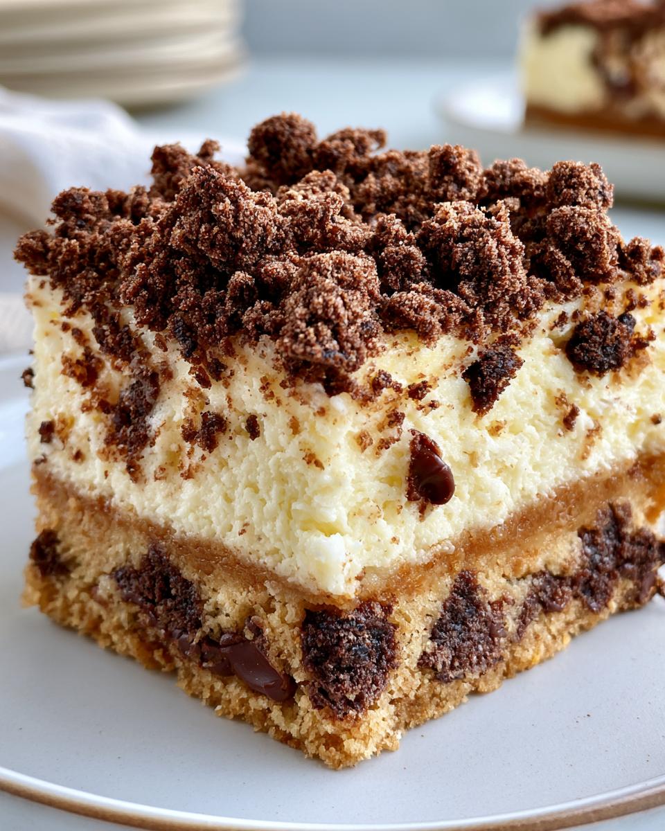Chocolate Chip Cheesecake Bars: Irresistible Easy Treat 4 A delicious slice of Chocolate Chip Cheesecake Bars with a rich cheesecake layer and chocolate crumble topping.