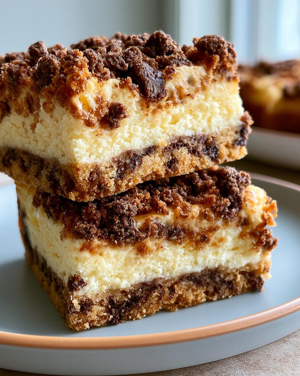 Chocolate Chip Cheesecake Bars: Irresistible Easy Treat 5 A close-up stack of two Chocolate Chip Cheesecake Bars, showcasing the creamy cheesecake, chocolate chips, and crumb topping.