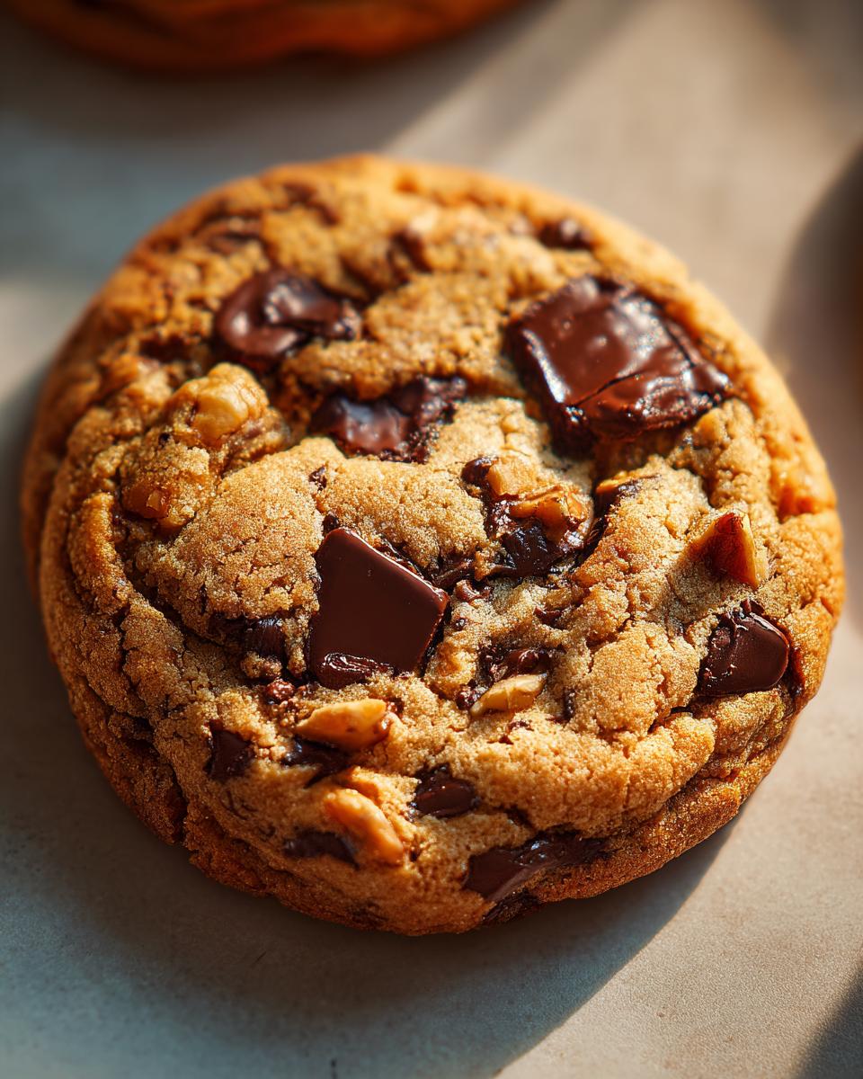 Irresistible Chocolate Chip Cookies with Walnuts 5 A close-up, detailed view of a freshly baked Chocolate Chip Cookie with Walnuts, showing melted chocolate chunks and toasted nuts.
