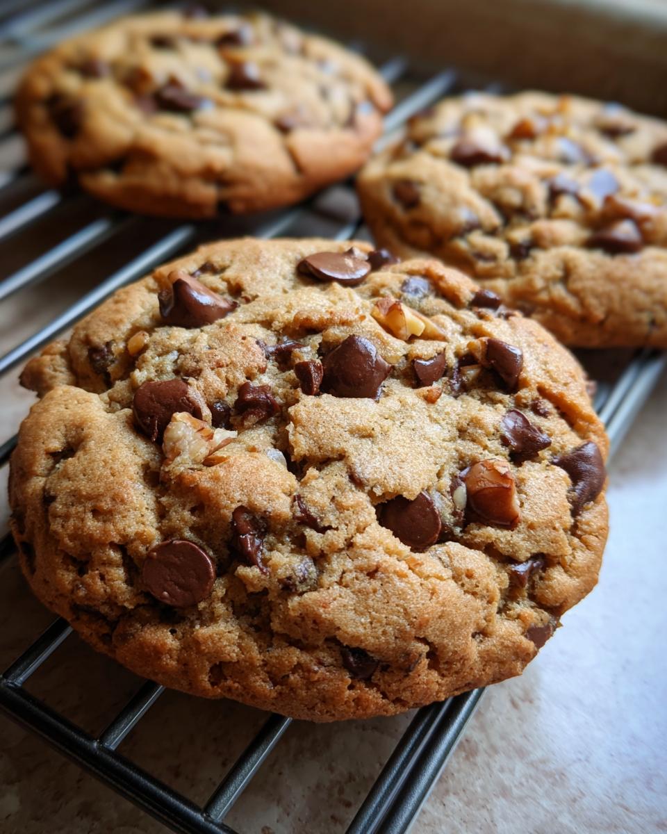 Irresistible Chocolate Chip Cookies with Walnuts 4 Close-up of a freshly baked chocolate chip cookie with walnuts on a cooling rack.