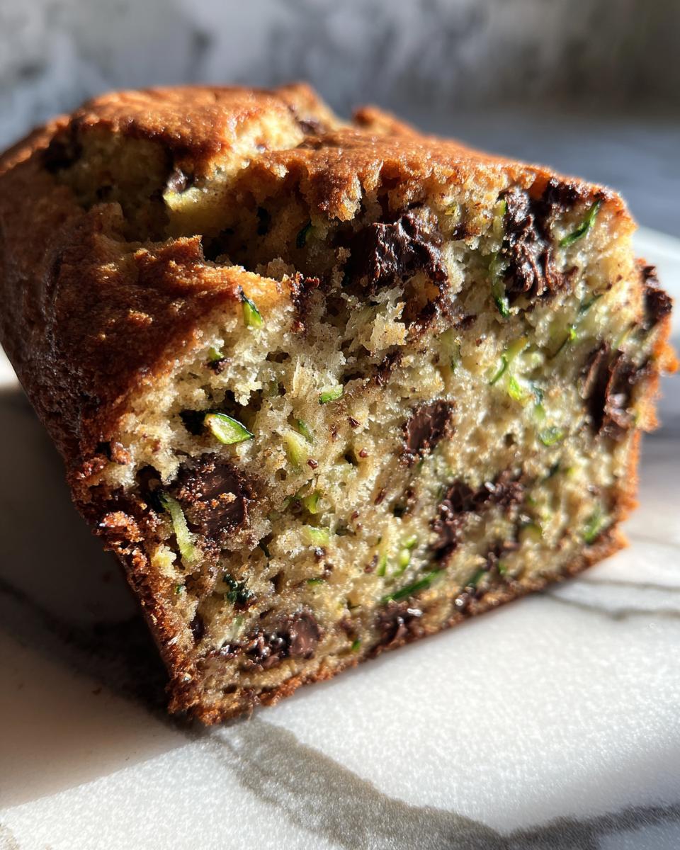 Guilt-Free Chocolate Chip Zucchini Bread 5 Close-up of a moist slice of Chocolate Chip Zucchini Bread, showing chunks of chocolate and shredded zucchini.