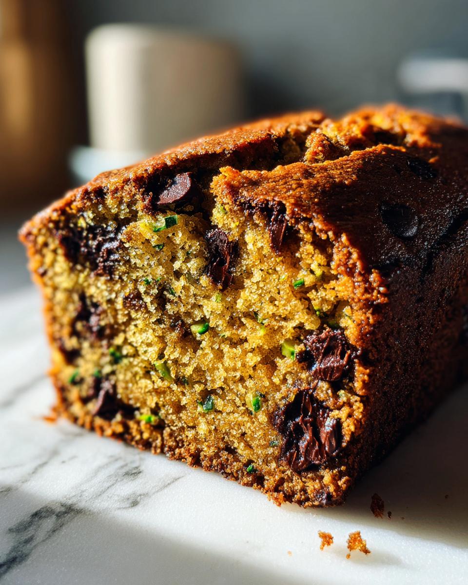 Guilt-Free Chocolate Chip Zucchini Bread 4 Close-up of a slice of moist Chocolate Chip Zucchini Bread, showing melted chocolate chips and green zucchini shreds.