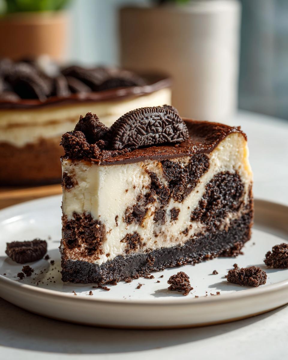 Decadent Chocolate Cookie Cheesecake Bliss 4 A slice of rich Chocolate Cookie Cheesecake topped with cookie crumbles and a cookie.