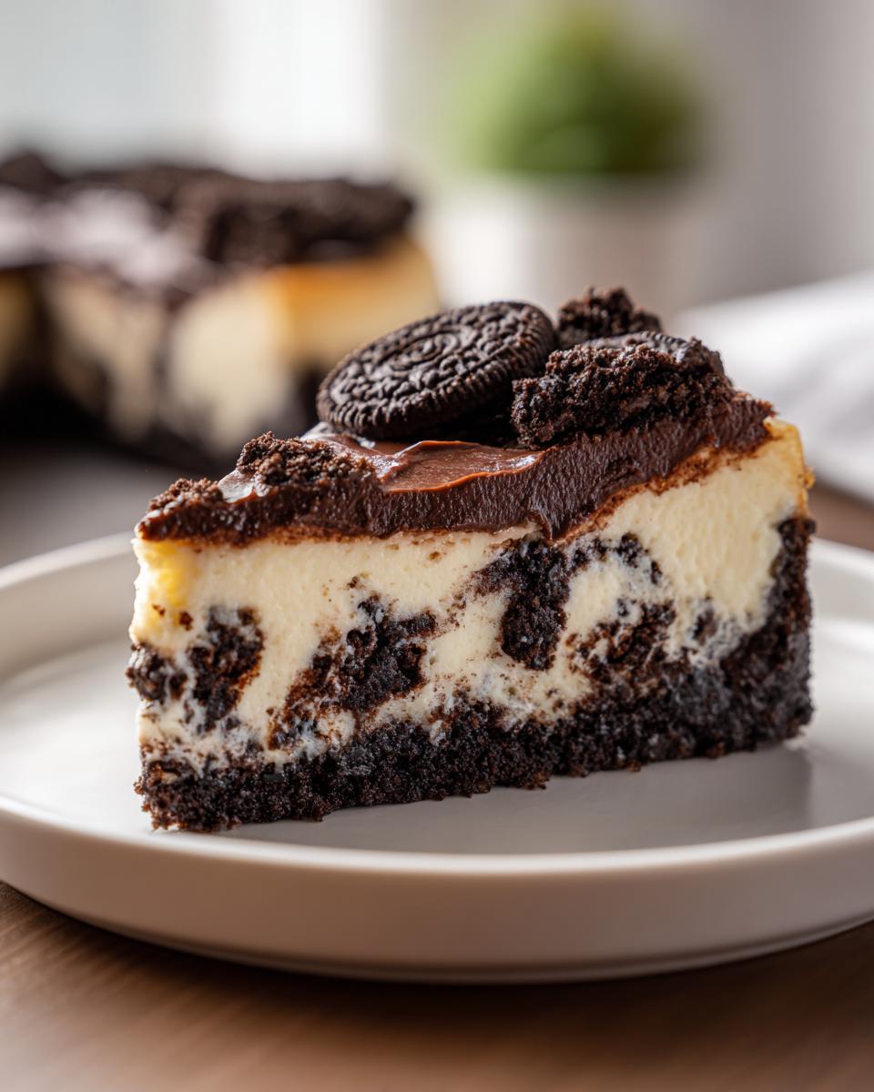 Decadent Chocolate Cookie Cheesecake Bliss 5 A slice of rich Chocolate Cookie Cheesecake topped with chocolate ganache and Oreo cookies.