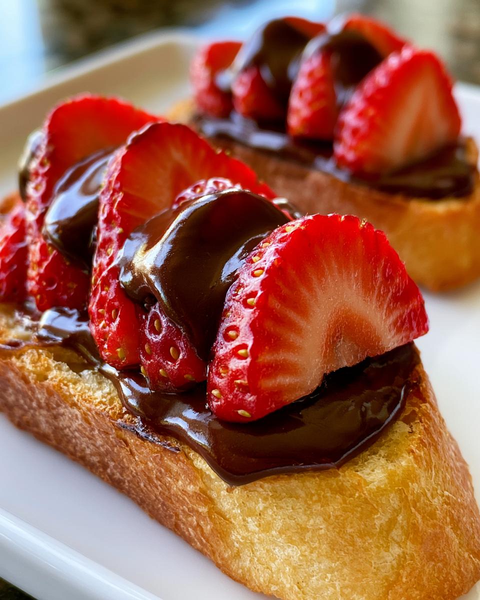 Chocolate Strawberry Bruschetta Dessert in 20 Minutes 4 Close-up of a Chocolate Strawberry Bruschetta Dessert, featuring toasted baguette slices topped with fresh strawberries and drizzled with chocolate sauce.