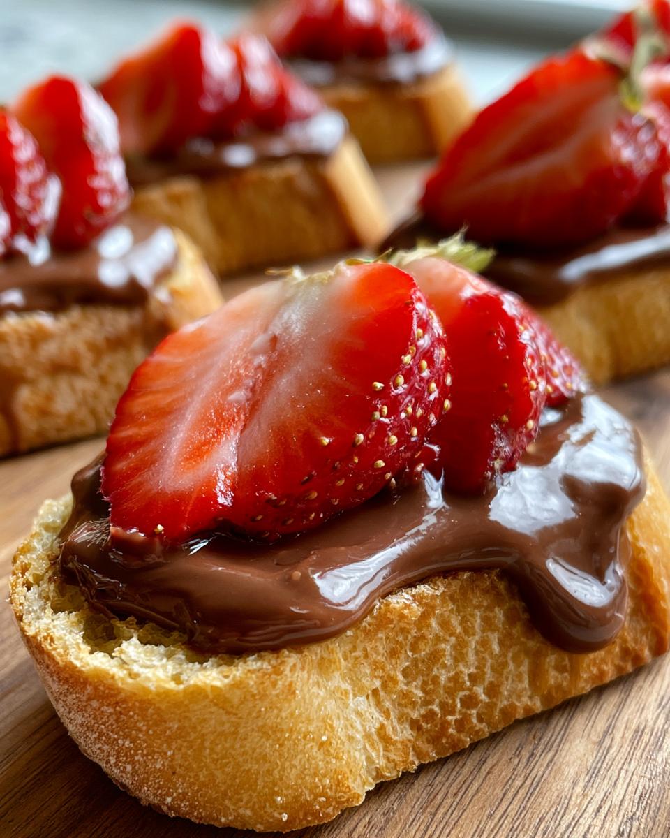 Chocolate Strawberry Bruschetta Dessert in 20 Minutes 5 Close-up of Chocolate Strawberry Bruschetta Dessert bites on a wooden board, featuring toasted baguette slices topped with melted chocolate and fresh strawberries.