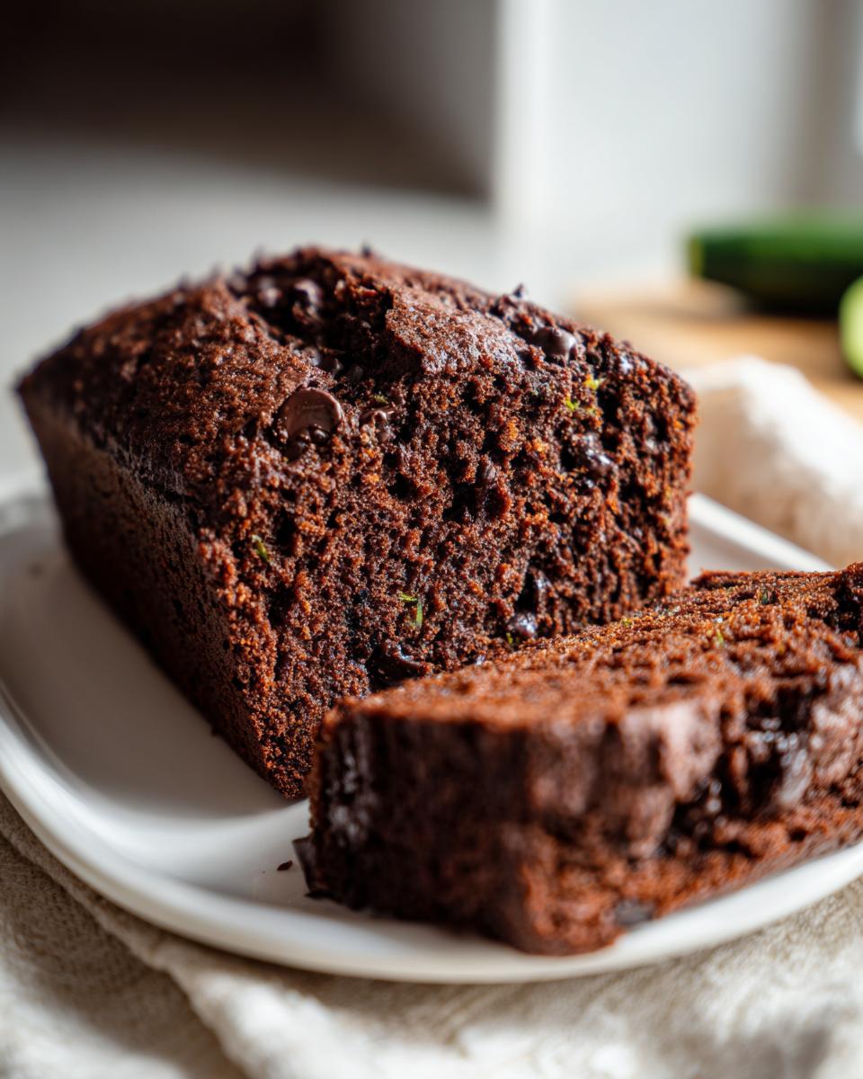 Decadent Chocolate Zucchini Bread: Moist & Easy 5 A close-up of a slice of moist Chocolate Zucchini Bread, revealing its rich texture and chocolate chips.