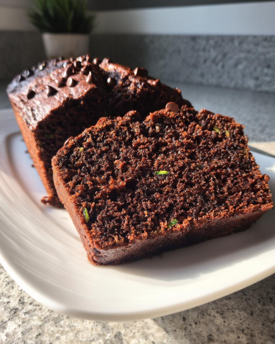 Decadent Chocolate Zucchini Bread: Moist & Easy 4 A close-up of a slice of moist Chocolate Zucchini Bread, topped with chocolate chips and showing flecks of zucchini.
