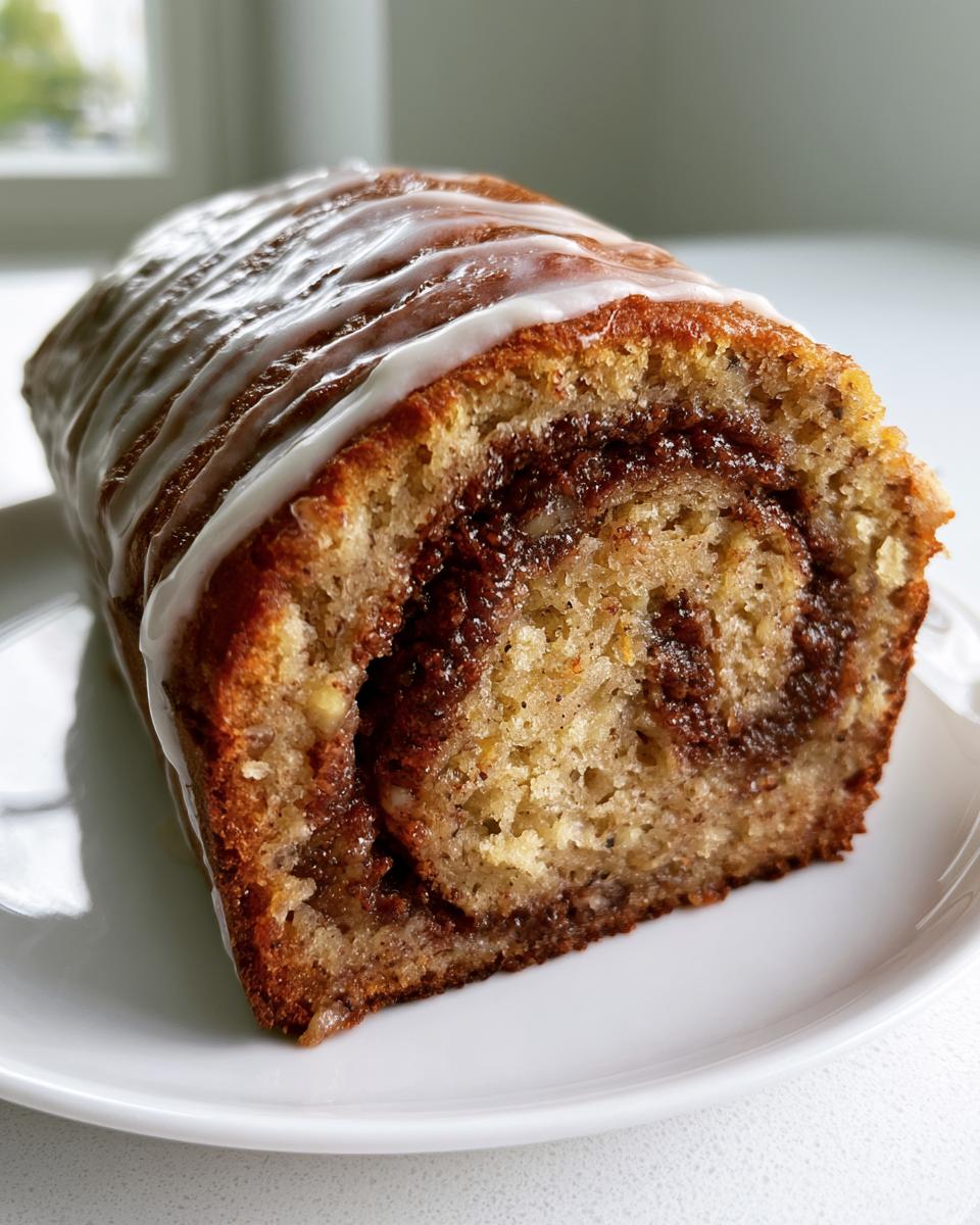 Cinnamon Roll Banana Bread That Tastes Like Heaven 4 A close-up of a slice of Cinnamon Roll Banana Bread, showcasing the swirled cinnamon filling and drizzled glaze.