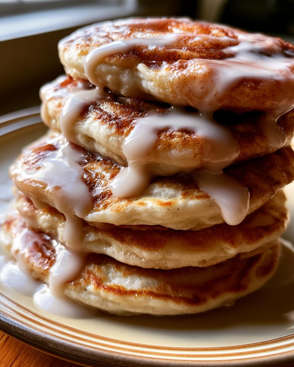 Cinnamon Roll Pancakes in 25 Minutes 4 A close-up of a stack of fluffy Cinnamon Roll Pancakes drizzled with a creamy glaze.