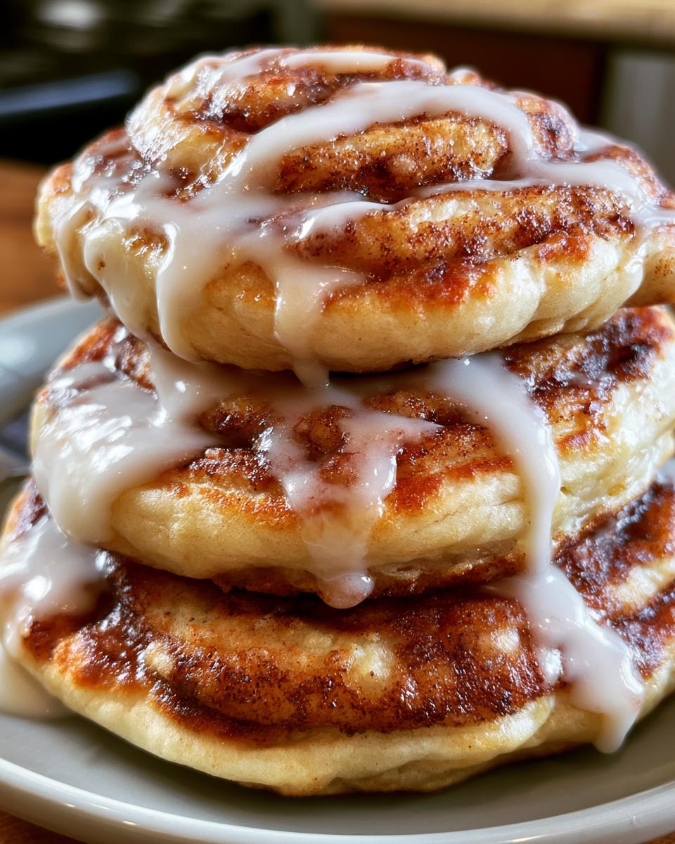 Cinnamon Roll Pancakes in 25 Minutes 5 Close-up of a stack of three Cinnamon Roll Pancakes, drizzled with a sweet white glaze.