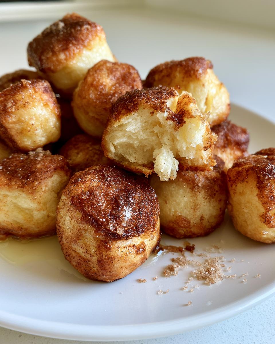 Cinnamon Sugar Biscuit Bites: Easy 15-Minute Magic 5 A close-up of a pile of golden brown Cinnamon Sugar Biscuit Bites on a white plate, with one bite broken open.