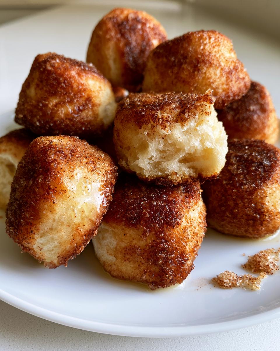 Cinnamon Sugar Biscuit Bites: Easy 15-Minute Magic 4 A close-up of a pile of golden brown Cinnamon Sugar Biscuit Bites on a white plate.