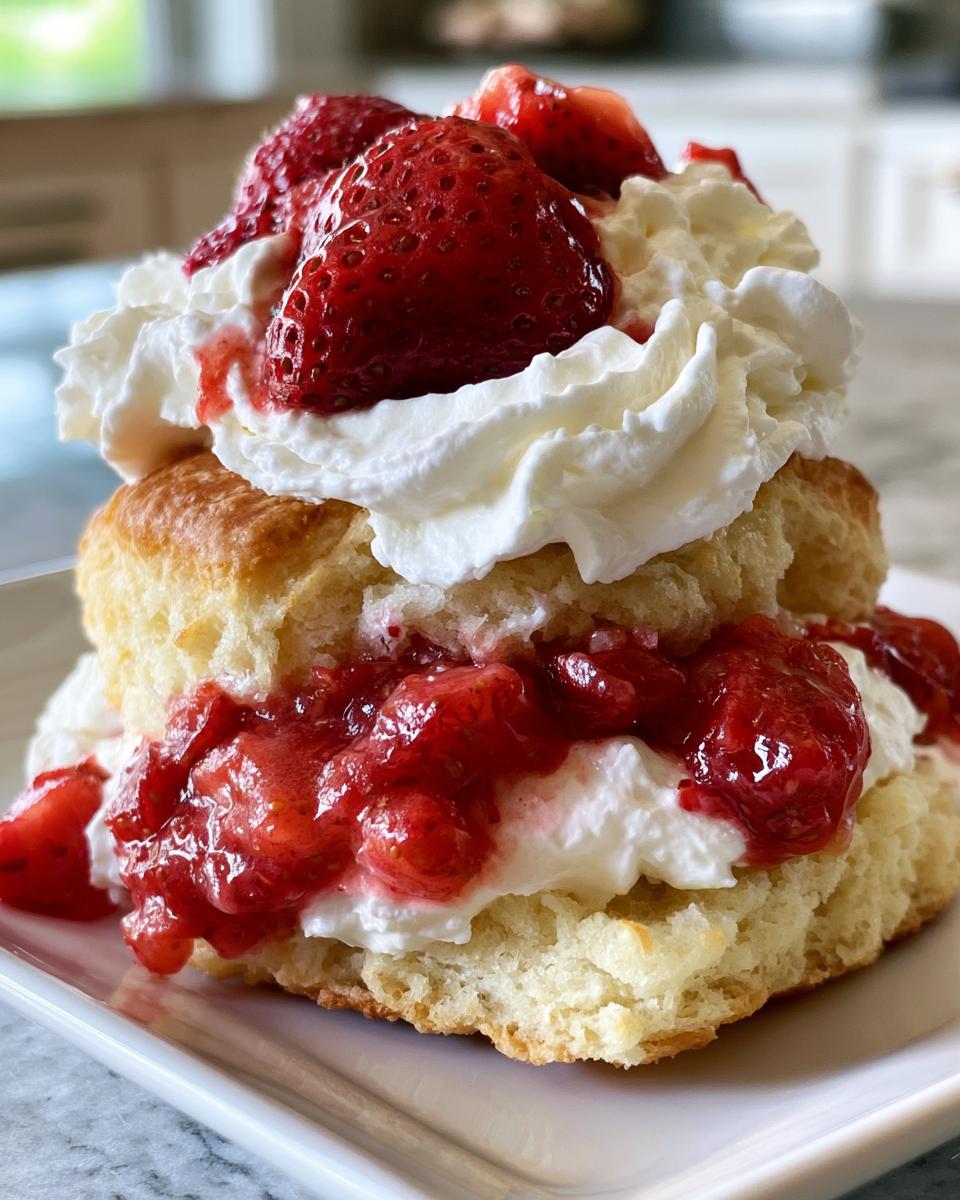 Classic Strawberry Shortcake Brings Sweet Nostalgia 5 A close-up of a Classic Strawberry Shortcake, featuring layers of biscuit, fresh strawberries, and whipped cream.
