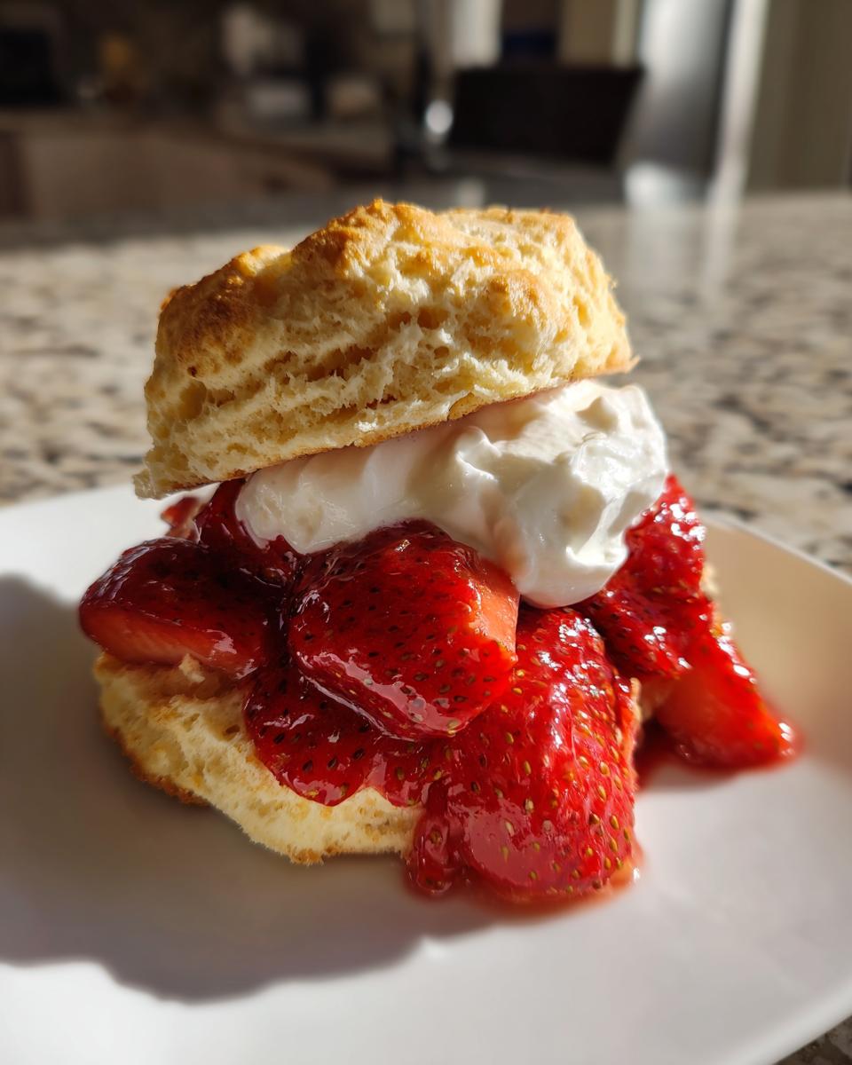 Classic Strawberry Shortcakes: Pure Summer Bliss 5 A close-up of a Classic Strawberry Shortcake with juicy strawberries and whipped cream on a biscuit.