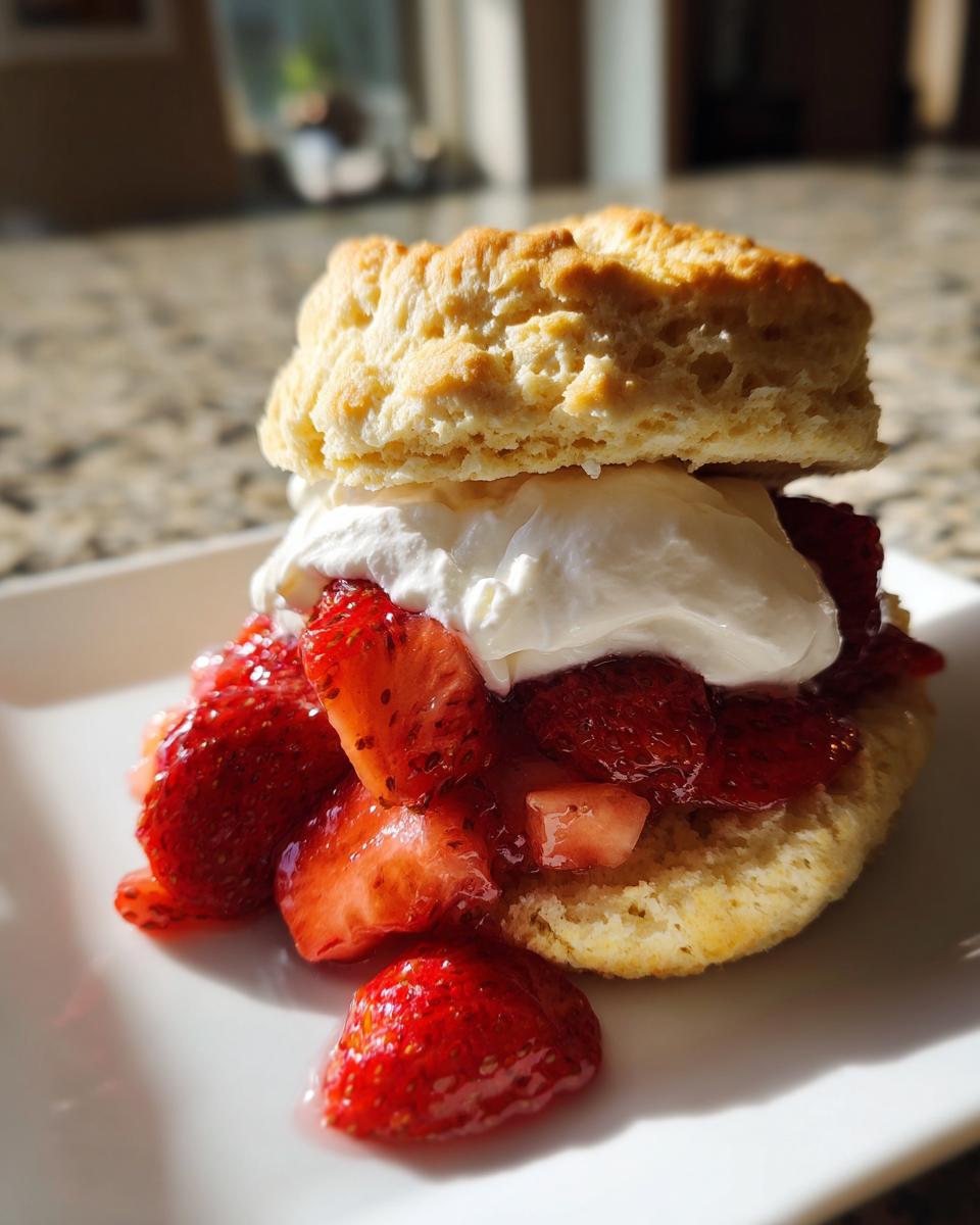 Classic Strawberry Shortcakes: Pure Summer Bliss 4 A close-up of a Classic Strawberry Shortcake, featuring a fluffy biscuit, fresh strawberries, and whipped cream.