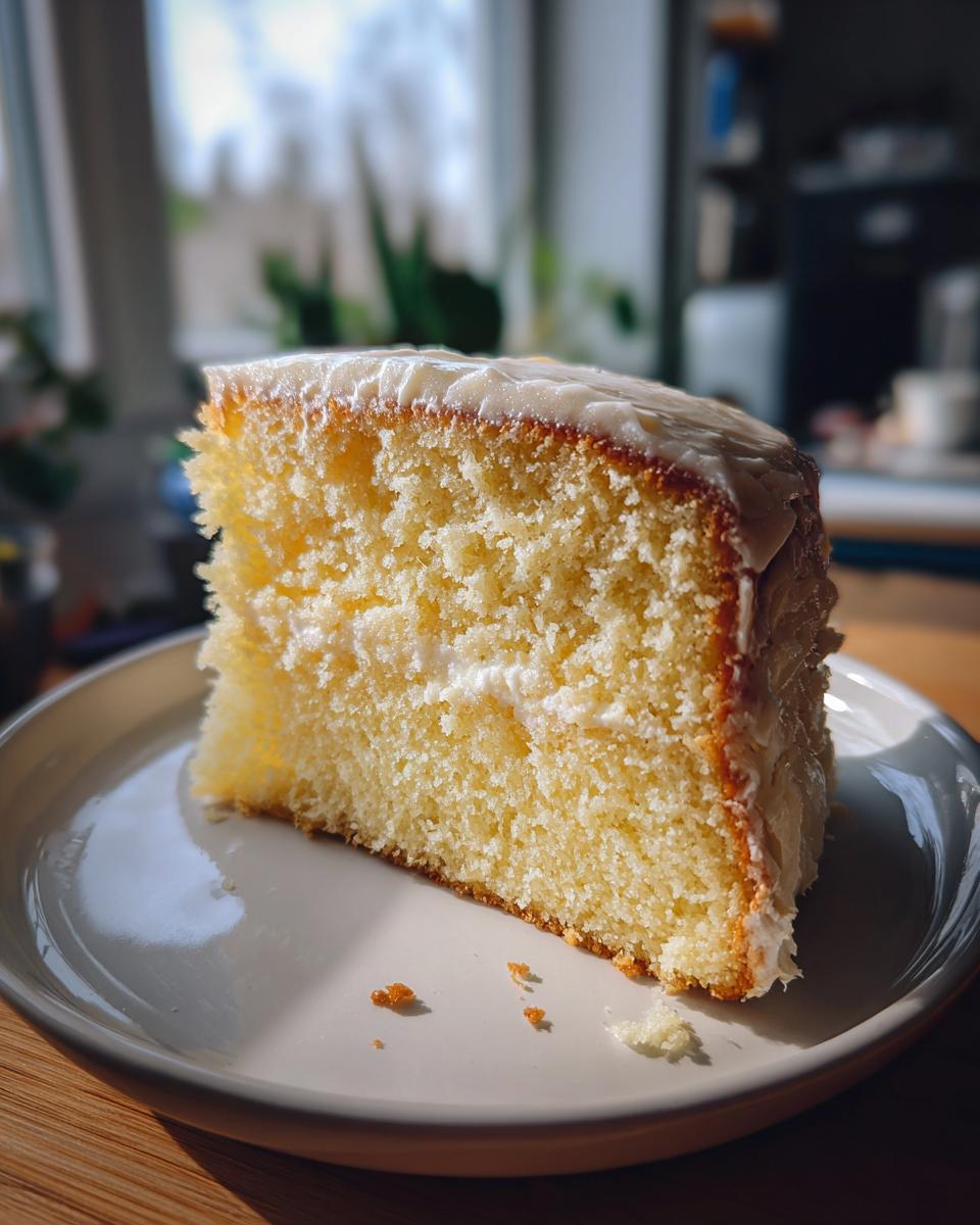 Tender Classic Yellow Birthday Cake: Easy Joy 4 A slice of tender Classic Yellow Birthday Cake with creamy white frosting, served on a white plate.