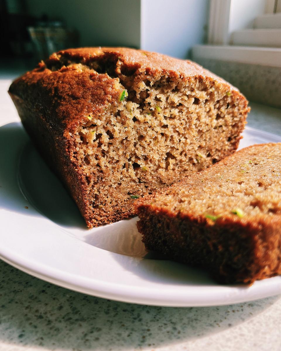 Classic Zucchini Bread: Moist & Easy Bake 4 A close-up of a slice of moist Classic Zucchini Bread on a white plate, showing its tender crumb and green flecks of zucchini.