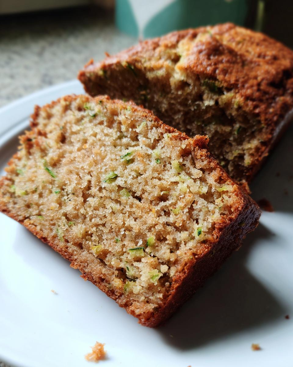 Classic Zucchini Bread: Moist & Easy Bake 5 Two moist slices of Classic Zucchini Bread on a white plate, showing the texture and green flecks of zucchini.