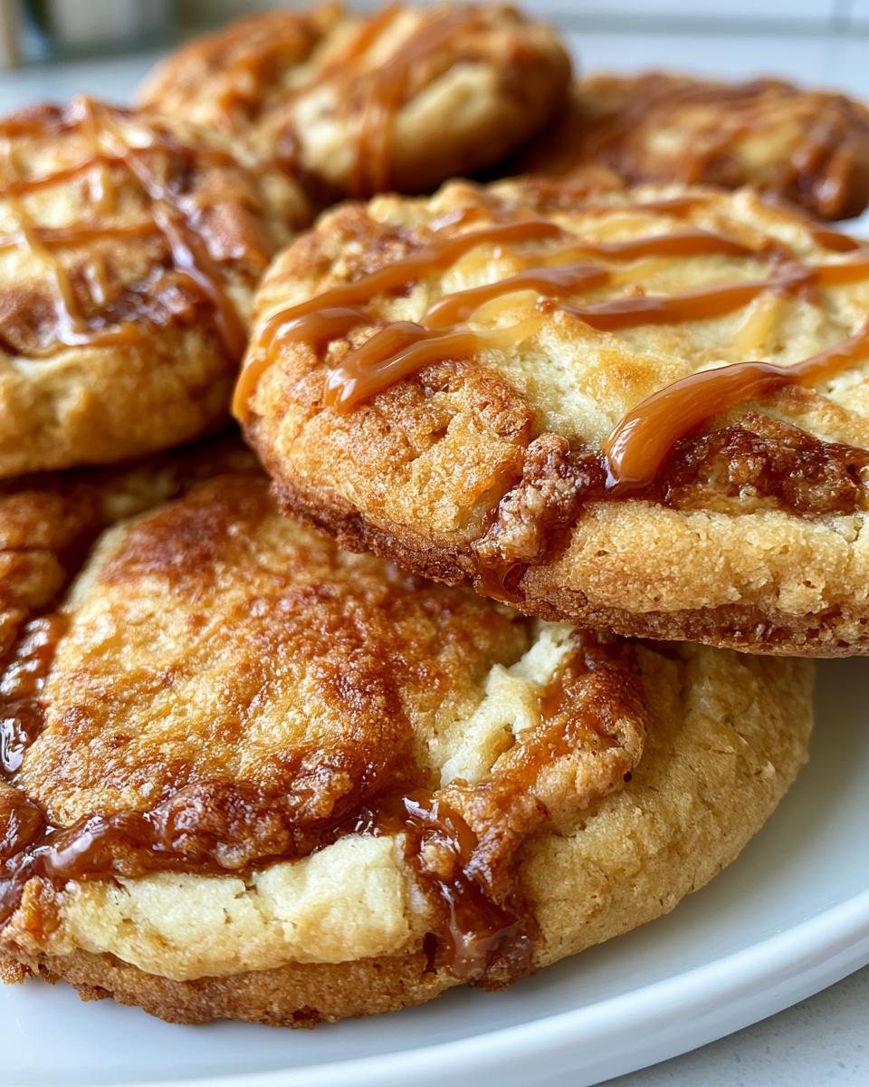Cozy Caramel Cheesecake Cookie Recipe for Sweet Bliss 5 Close-up of delicious Cozy Caramel Cheesecake Cookies drizzled with caramel sauce.