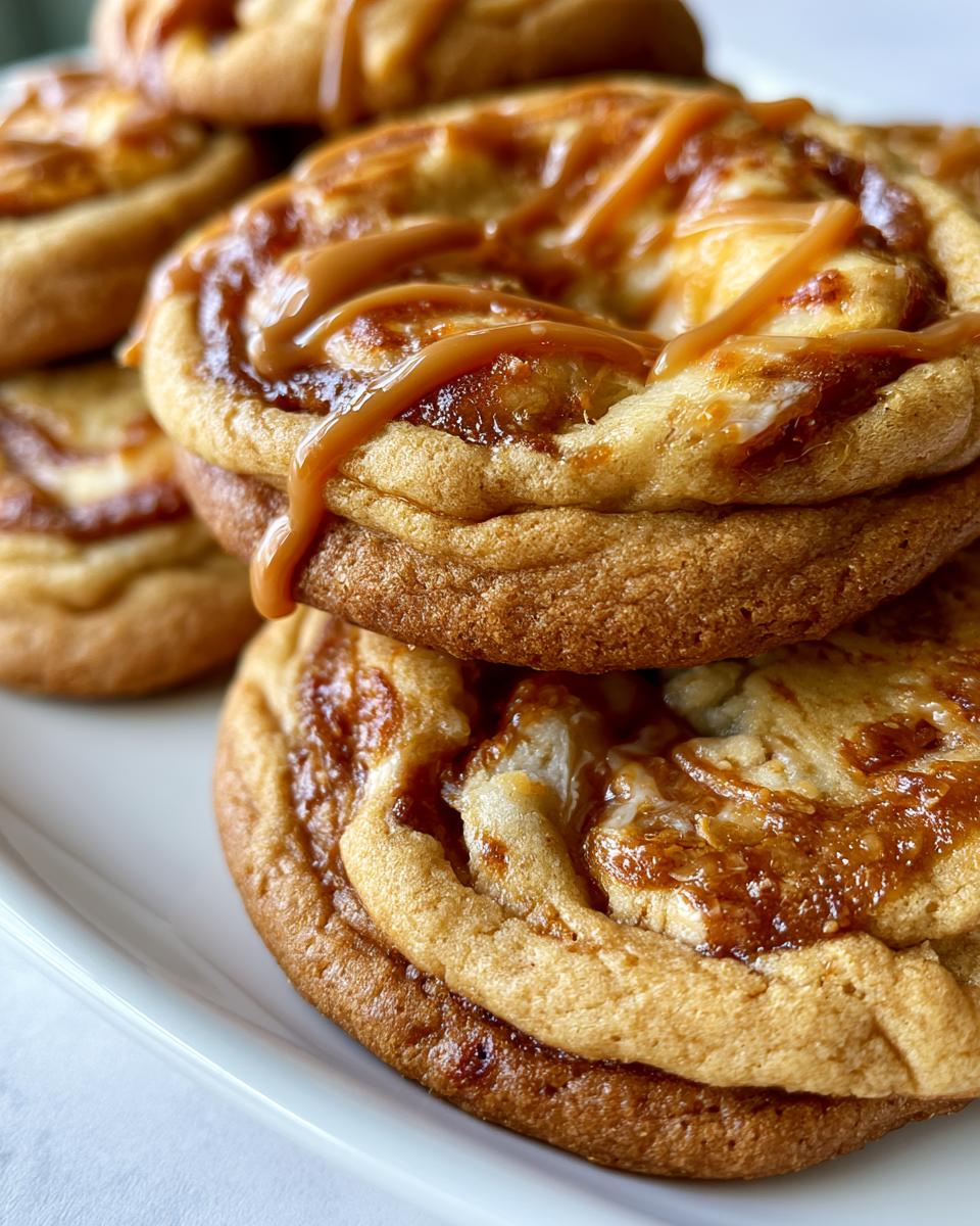 Cozy Caramel Cheesecake Cookie Recipe for Sweet Bliss 4 Close-up of a stack of Cozy Caramel Cheesecake Cookies, drizzled with caramel sauce.