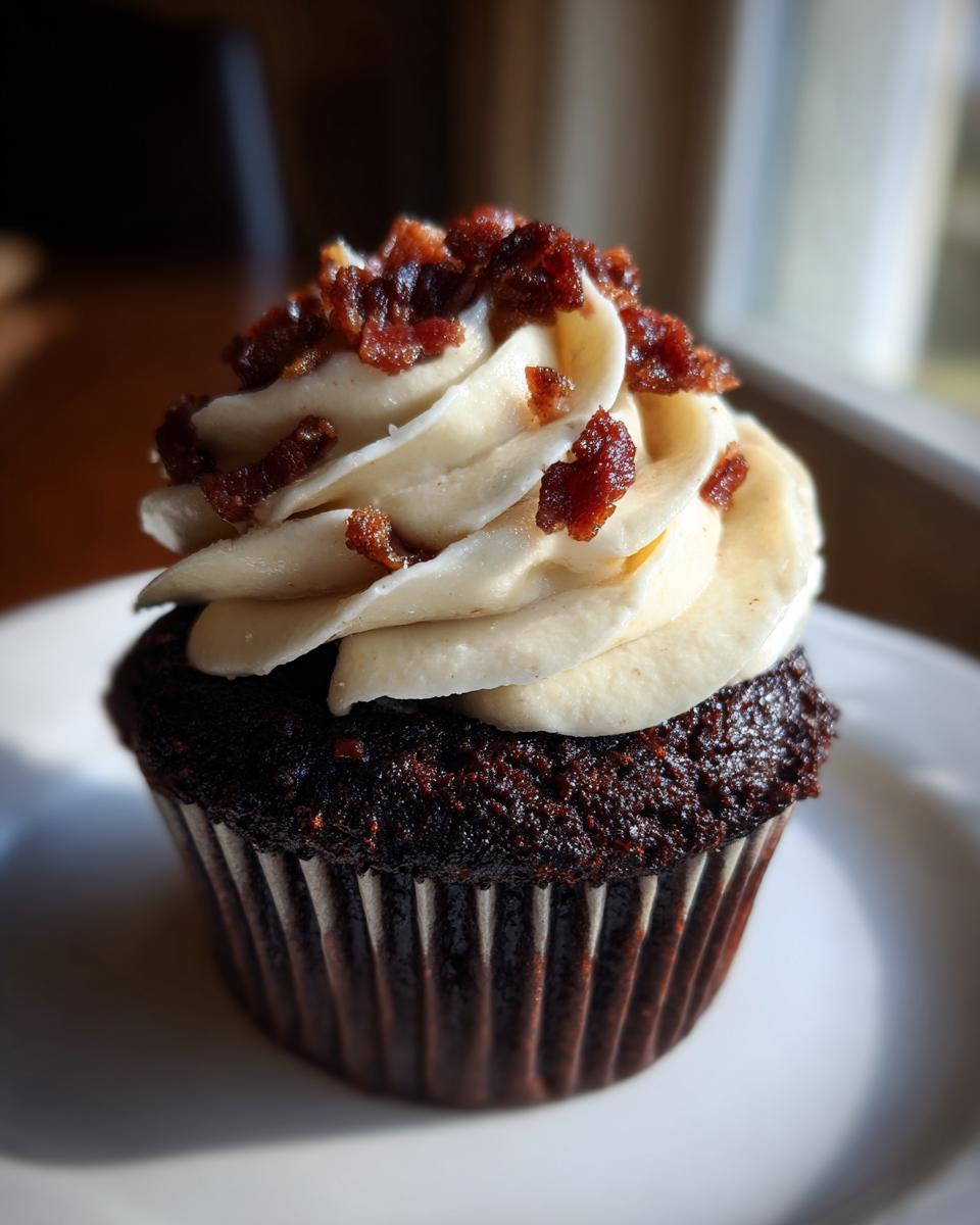 Dark Chocolate Bacon Cupcakes: Sweet, Salty Magic 5 A close-up of a decadent Dark Chocolate Bacon Cupcake topped with creamy frosting and crumbled bacon.