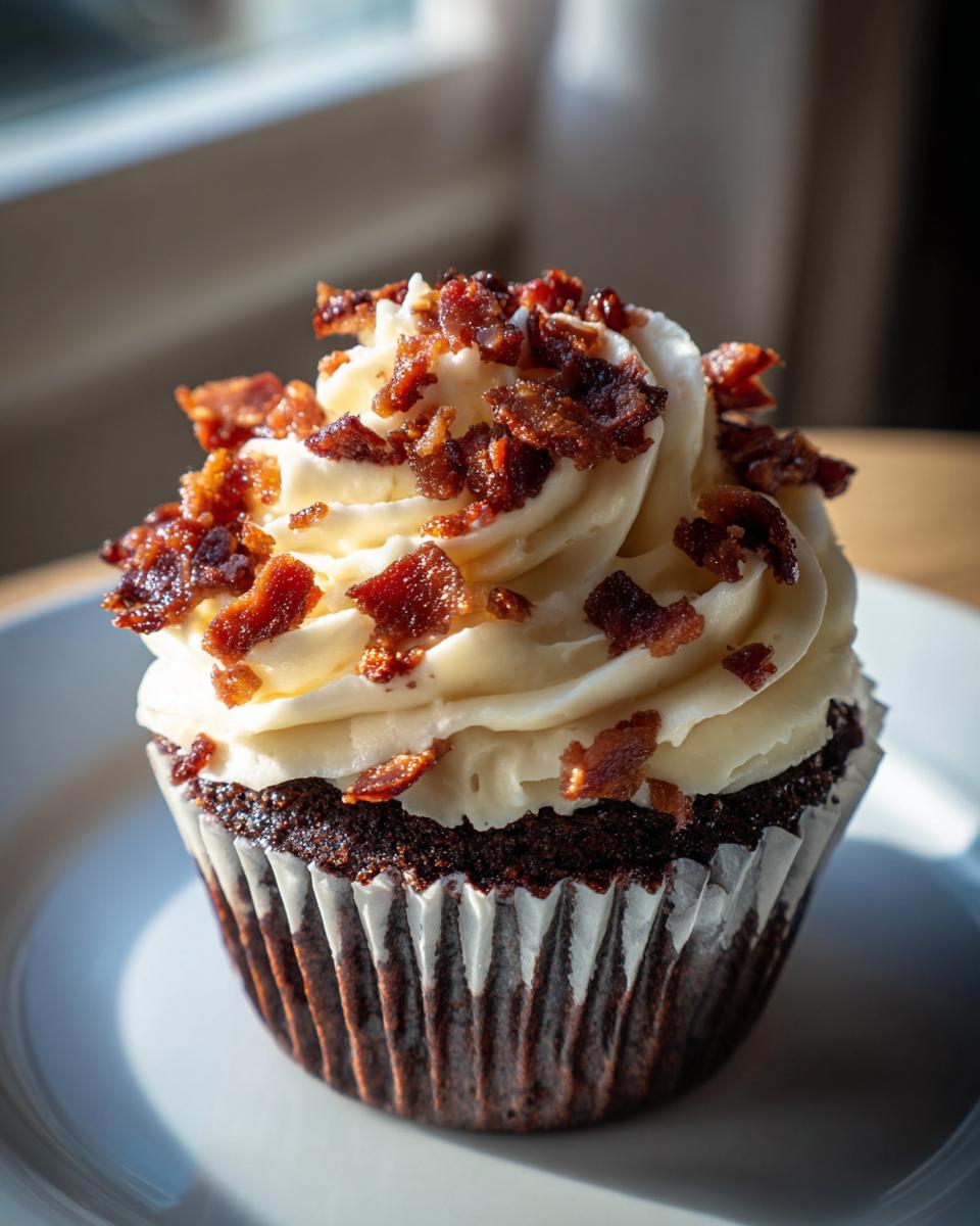 Dark Chocolate Bacon Cupcakes: Sweet, Salty Magic 4 A decadent Dark Chocolate Bacon Cupcake topped with swirls of creamy frosting and crispy bacon bits.