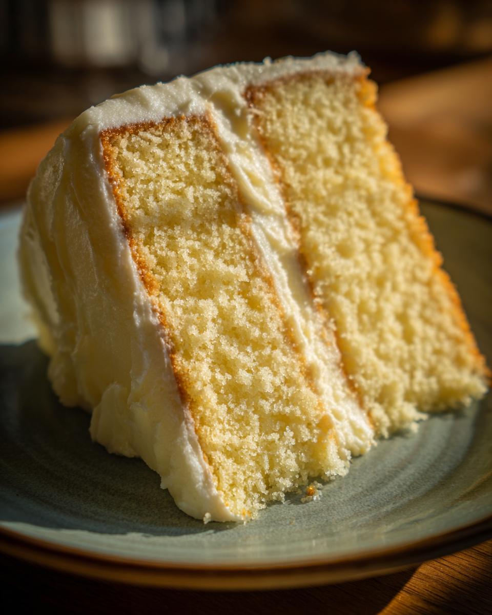 Perfect Easy Birthday Cake: Quick & Delicious 5 A close-up of a slice of moist, fluffy Easy Birthday Cake with creamy white frosting.