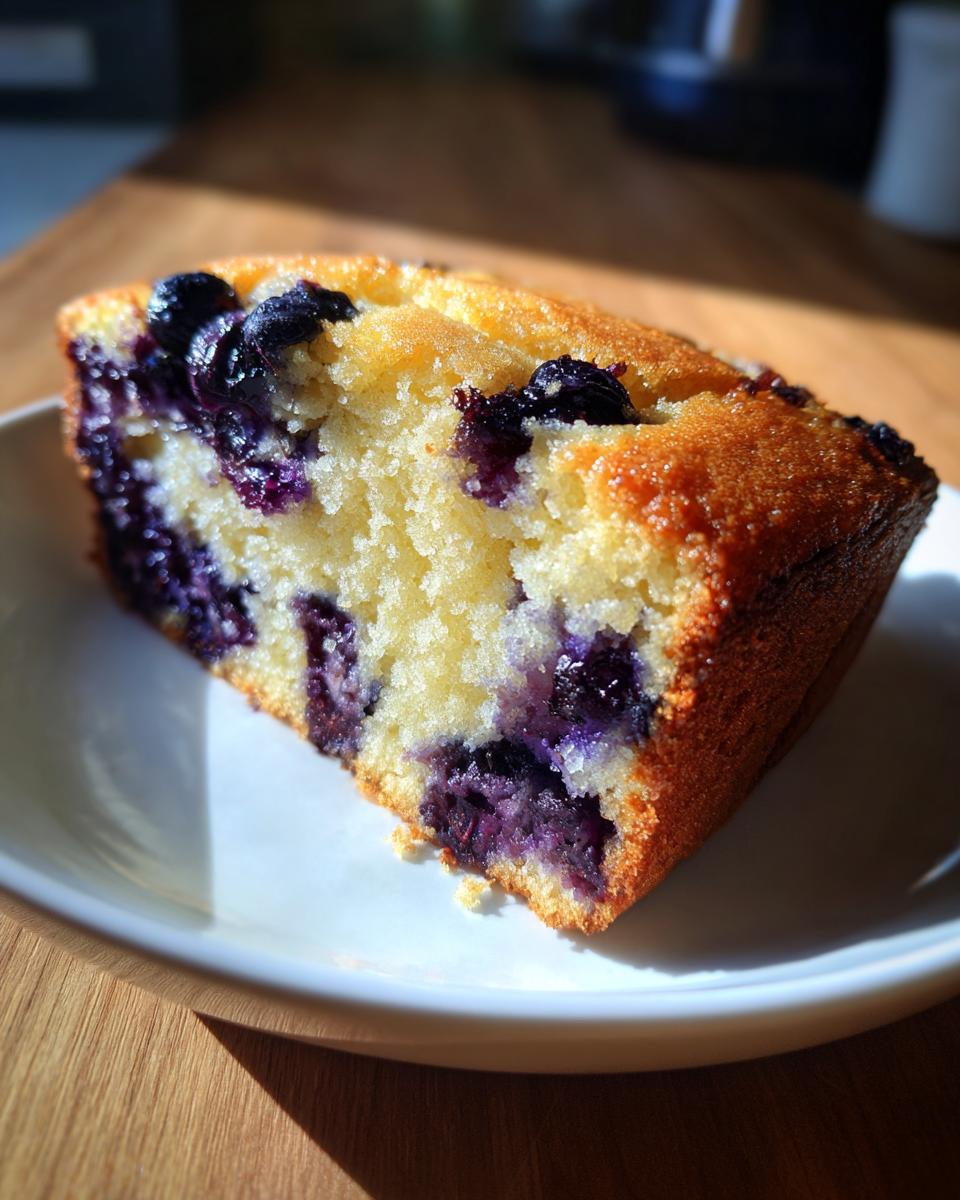 Easy Blueberry Cake: Deliciously Simple Treat 4 A close-up of a slice of Easy Blueberry Cake, showcasing moist cake and plump blueberries.