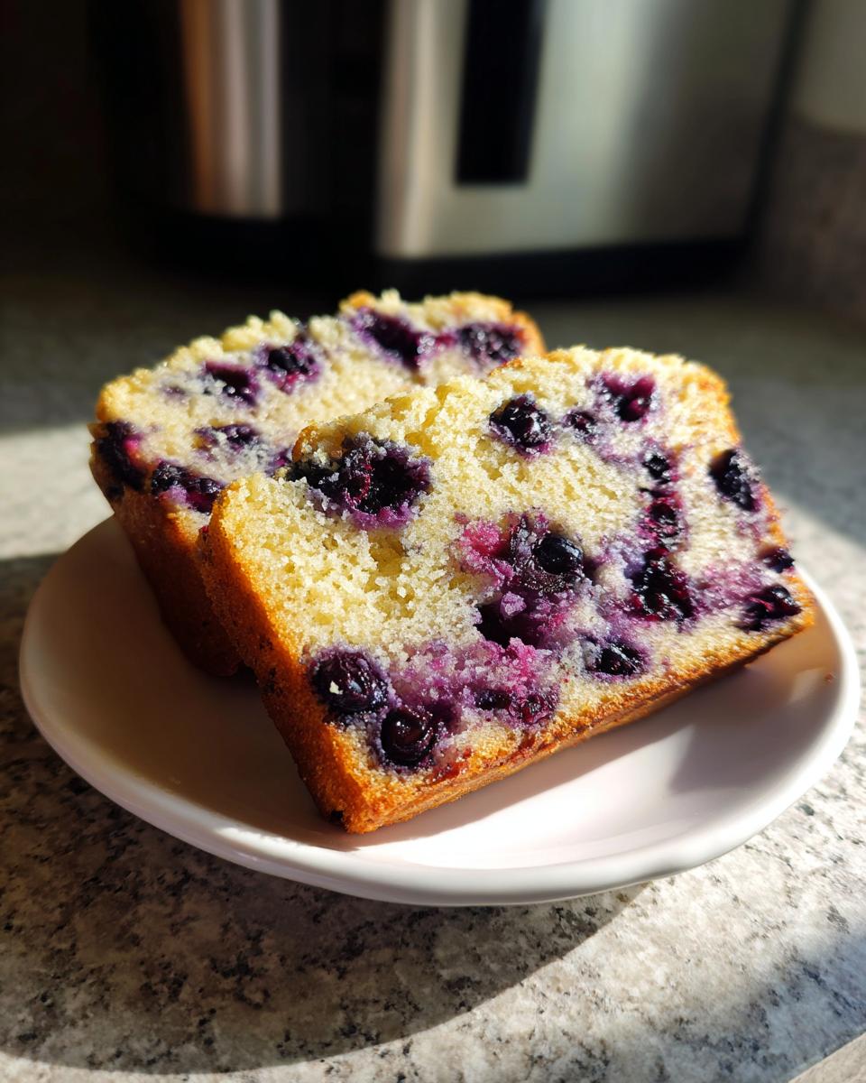 Easy Blueberry Cake: Deliciously Simple Treat 5 Two slices of Easy Blueberry Cake, packed with juicy blueberries, served on a white plate.