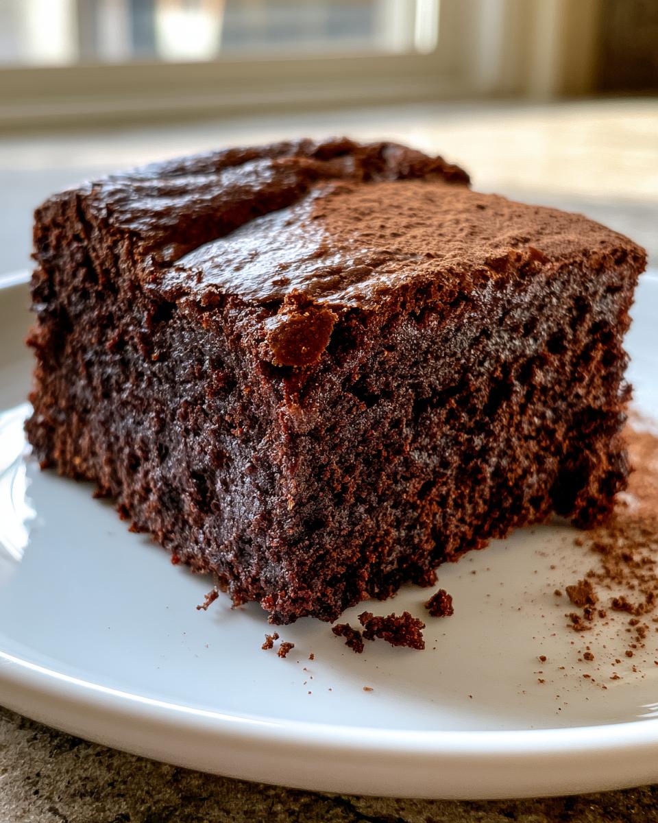Easy Brownie Recipe That Saves Last-Minute Dessert 4 A close-up of a rich, moist slice of easy brownie recipe, dusted with cocoa powder on a white plate.