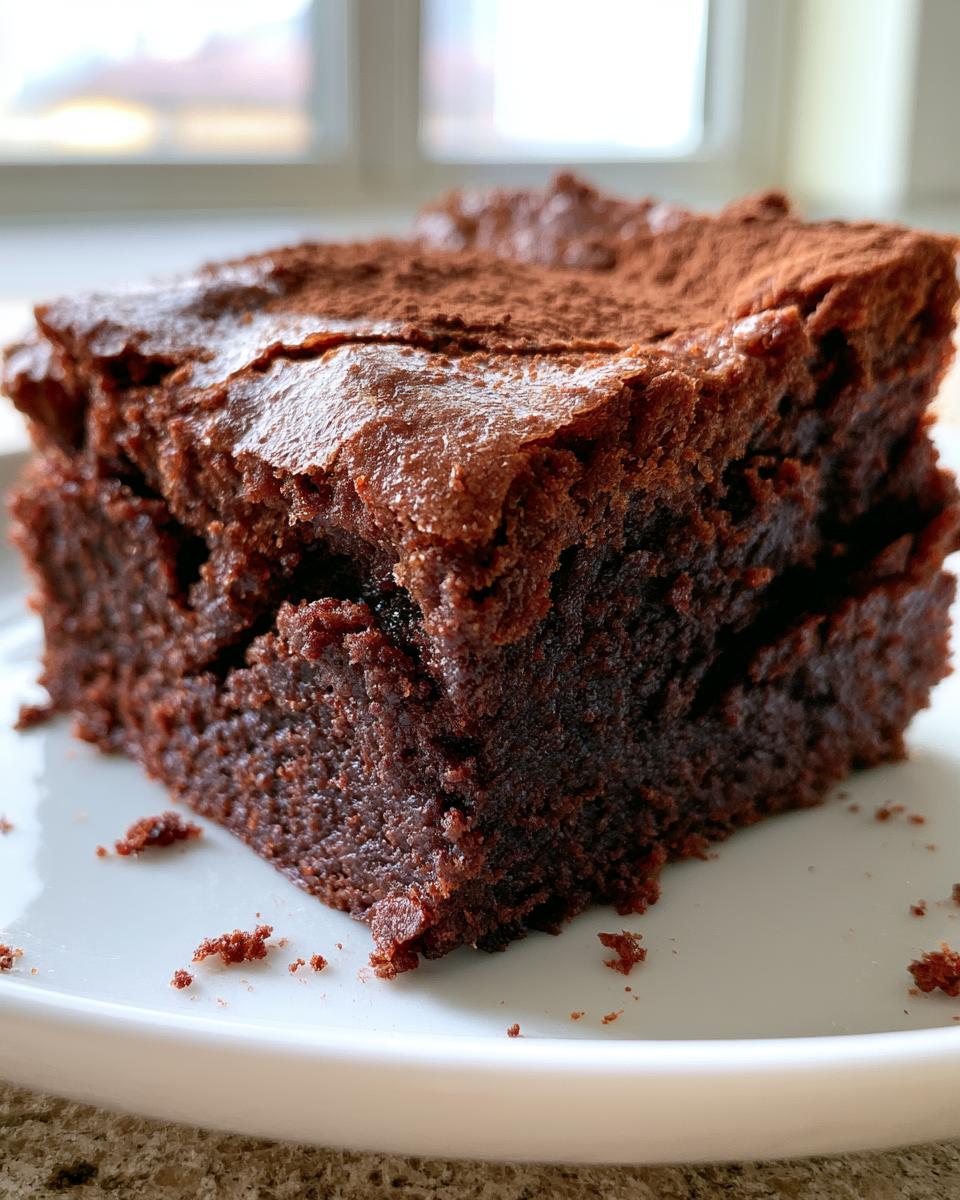 Easy Brownie Recipe That Saves Last-Minute Dessert 5 A close-up of a rich, fudgy slice of an Easy Brownie Recipe, dusted with cocoa powder on a white plate.