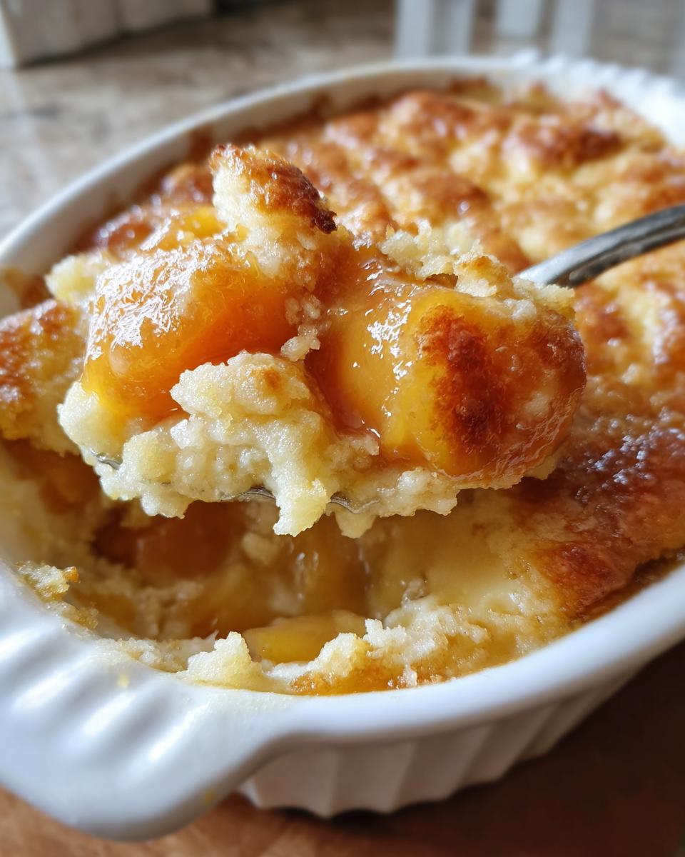 Easy Peach Cobbler: Summer's Best Dessert 4 A spoonful of warm, bubbly Peach Cobbler with a golden crust and juicy peaches.