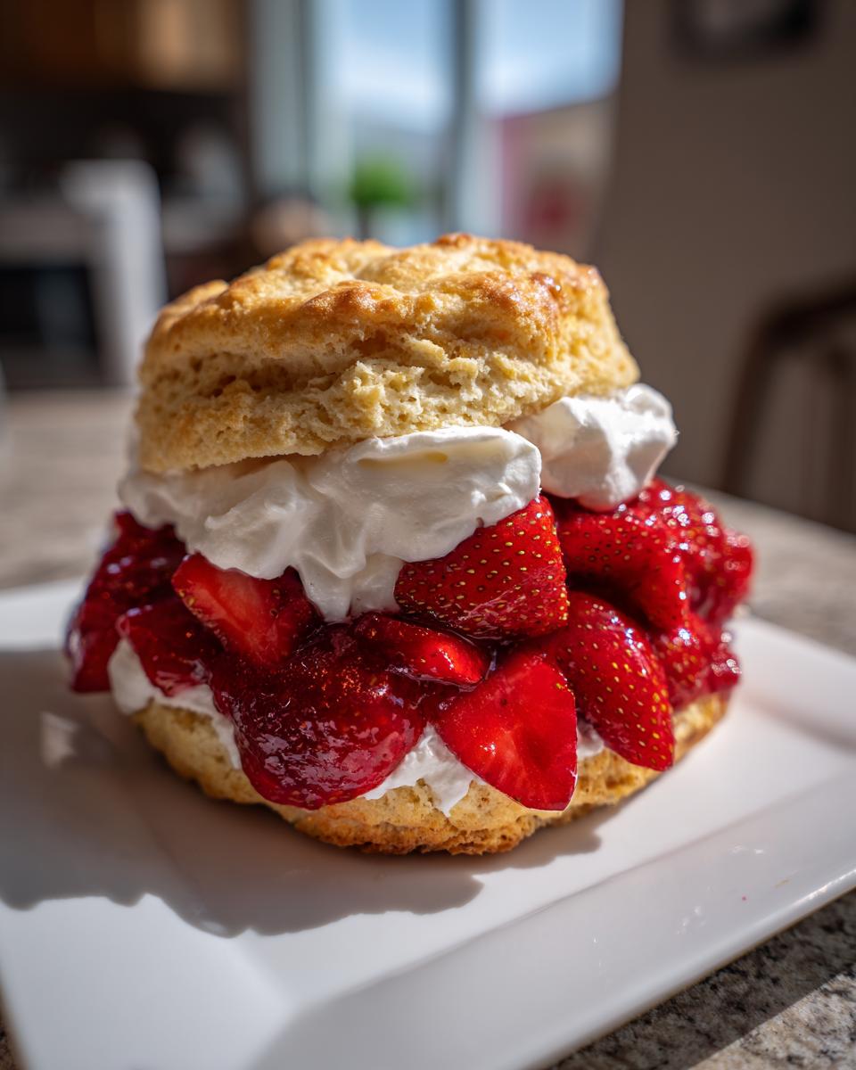 Simple Easy Strawberry Shortcake Bliss 4 A close-up of an Easy Strawberry Shortcake, featuring a fluffy biscuit, fresh strawberries, and whipped cream.
