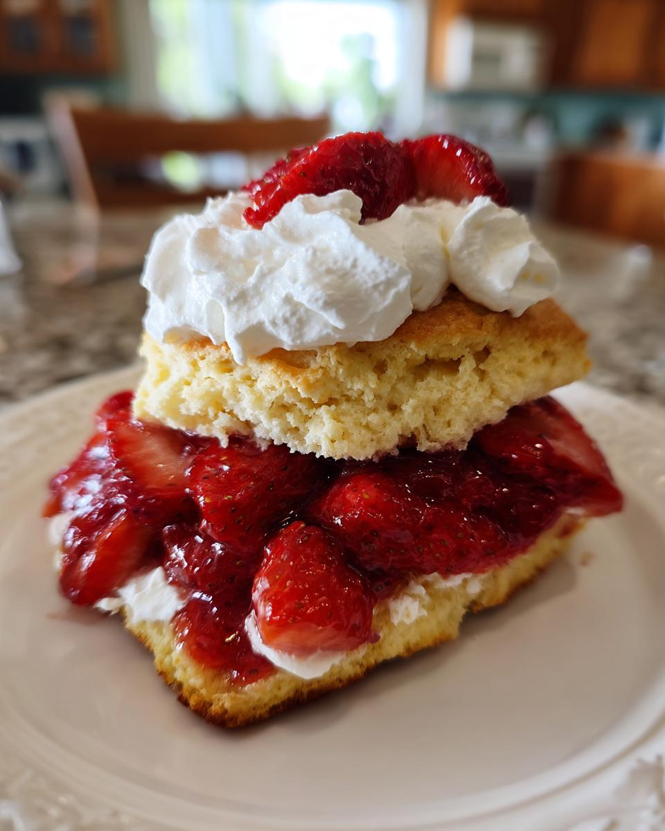 Simple Easy Strawberry Shortcake Bliss 5 A delicious slice of Easy Strawberry Shortcake, layered with biscuit, strawberries, and whipped cream.