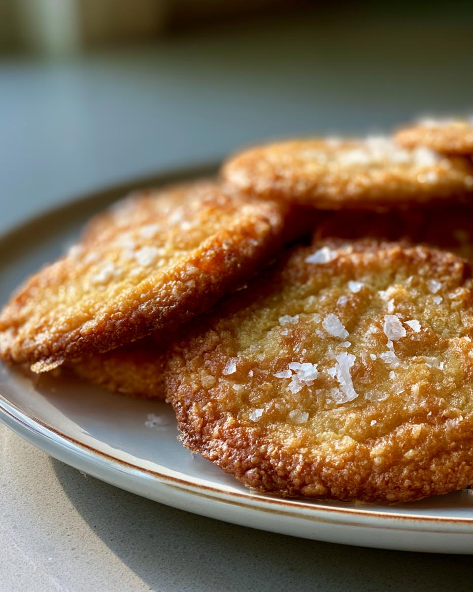 Taste Paris with Easy French Salted Butter Cookies 4 Close-up of golden-brown French Salted Butter Cookies sprinkled with flaky sea salt on a plate.