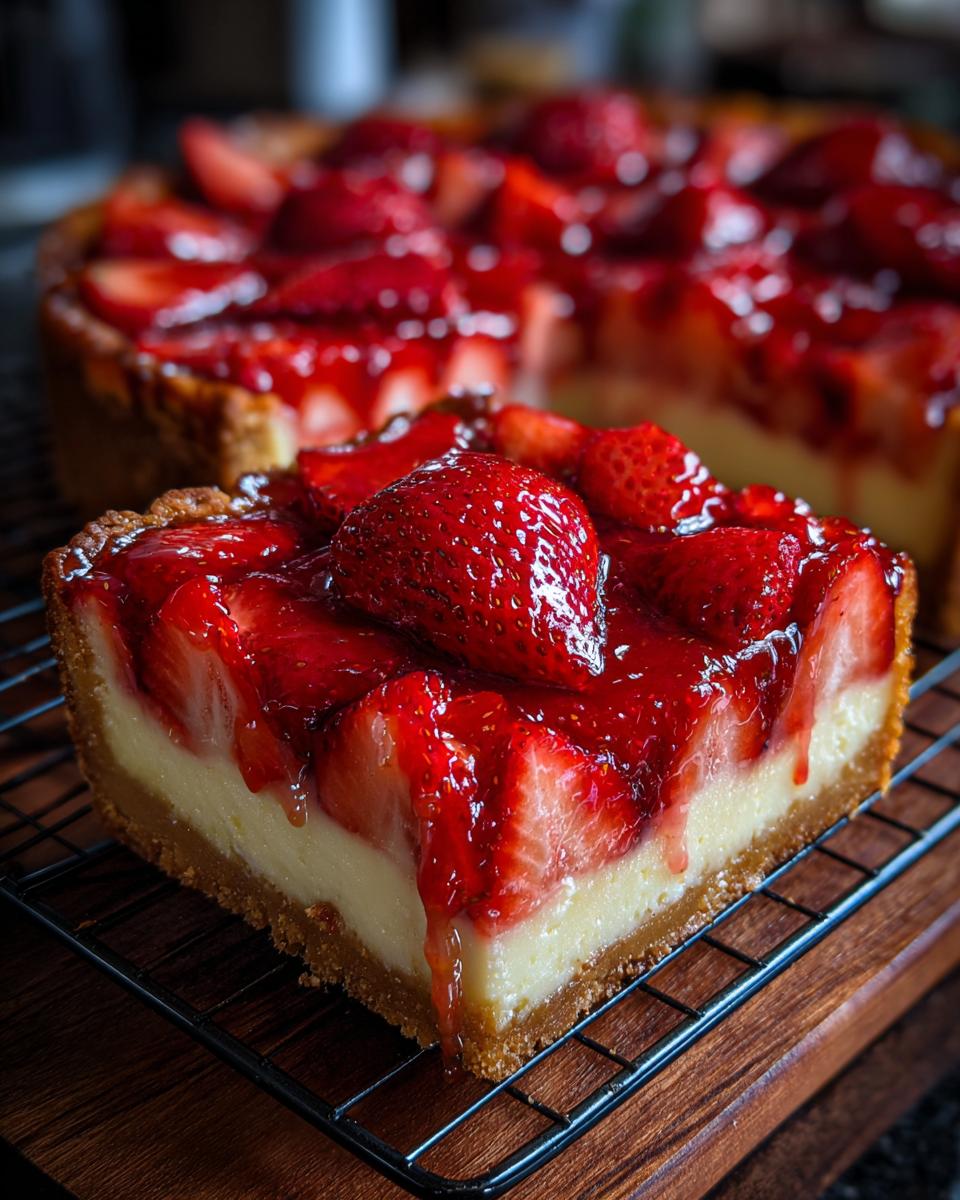 Dreamy Fresh Strawberry Cheesecake Pie 4 A slice of Fresh Strawberry Cheesecake Pie on a cooling rack, topped with glossy strawberries and syrup.