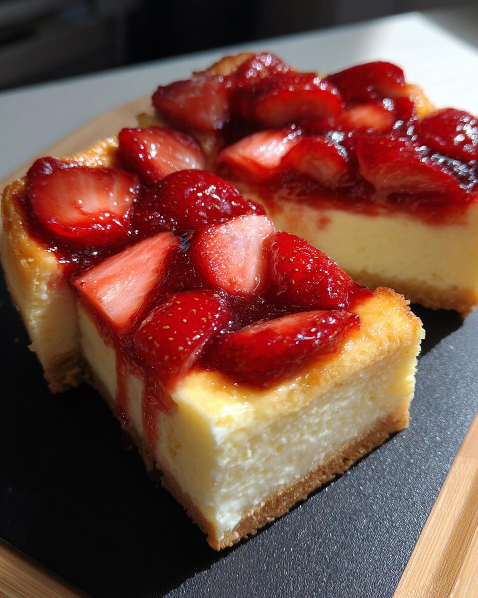 Dreamy Fresh Strawberry Cheesecake Pie 5 Two decadent slices of Fresh Strawberry Cheesecake Pie, topped with glistening strawberries and sauce.