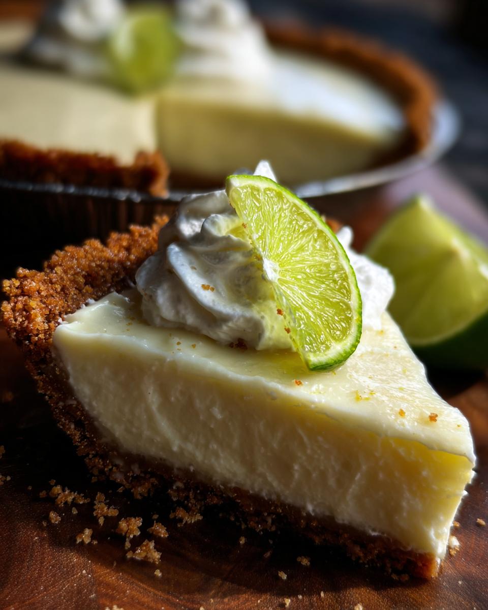 Frozen Key Lime Pie: Refreshing Summer Treat 5 A close-up of a slice of Frozen Key Lime Pie topped with whipped cream and a lime wedge.