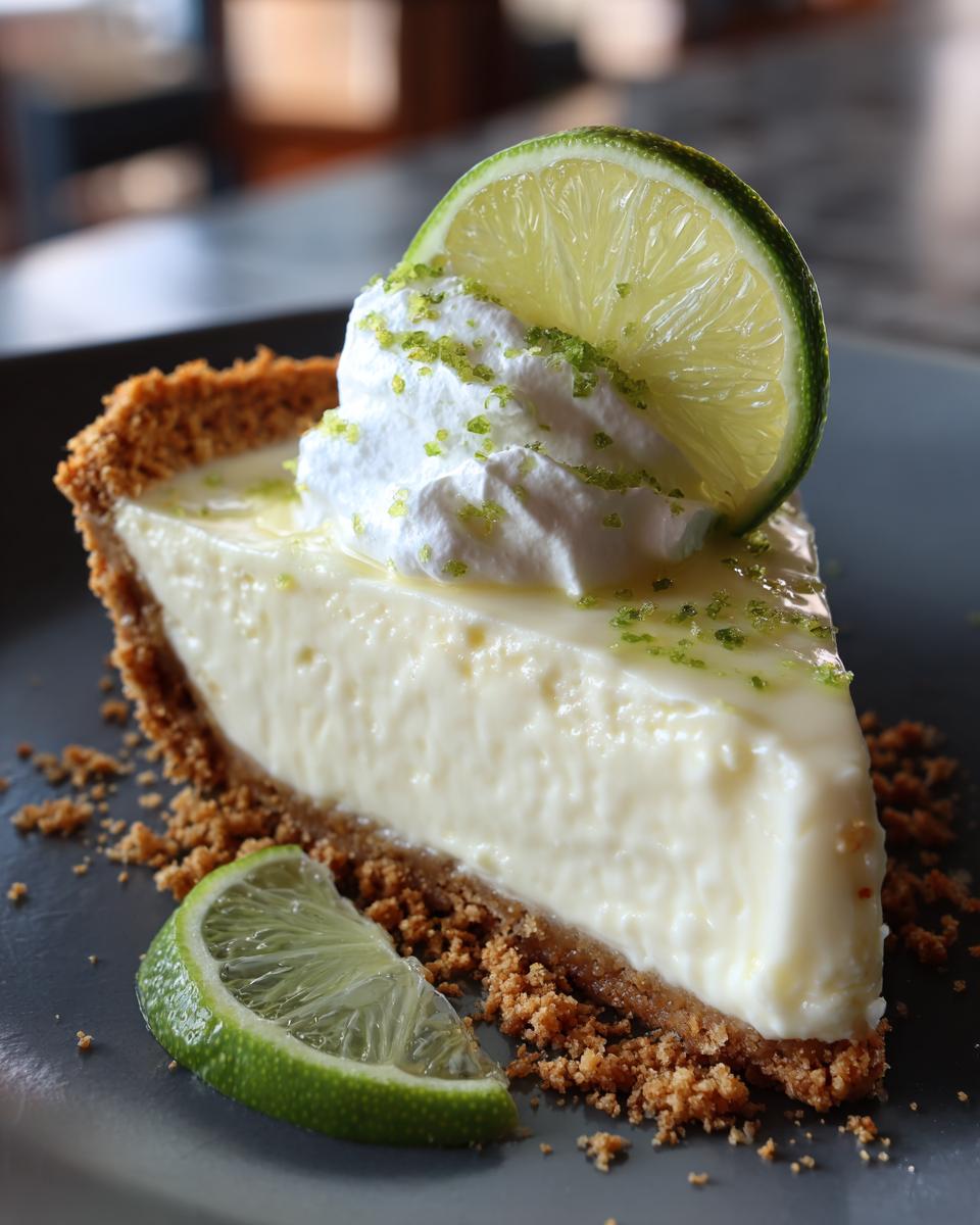 Frozen Key Lime Pie: Refreshing Summer Treat 4 A slice of creamy Frozen Key Lime Pie topped with whipped cream and lime zest, garnished with lime wedges.