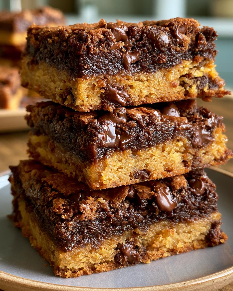 Fudgy Brookies: 20-Minute Magic 5 A stack of three fudgy brookie bars, showcasing the distinct layers of chocolate brownie and chocolate chip cookie.