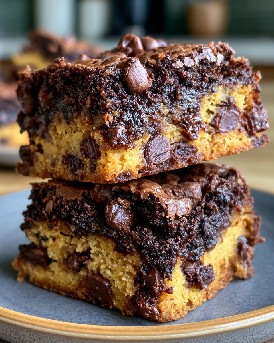 Fudgy Brookies: 20-Minute Magic 4 Two stacked Fudgy Brookies on a grey plate, showcasing layers of chocolate brownie and chocolate chip cookie.