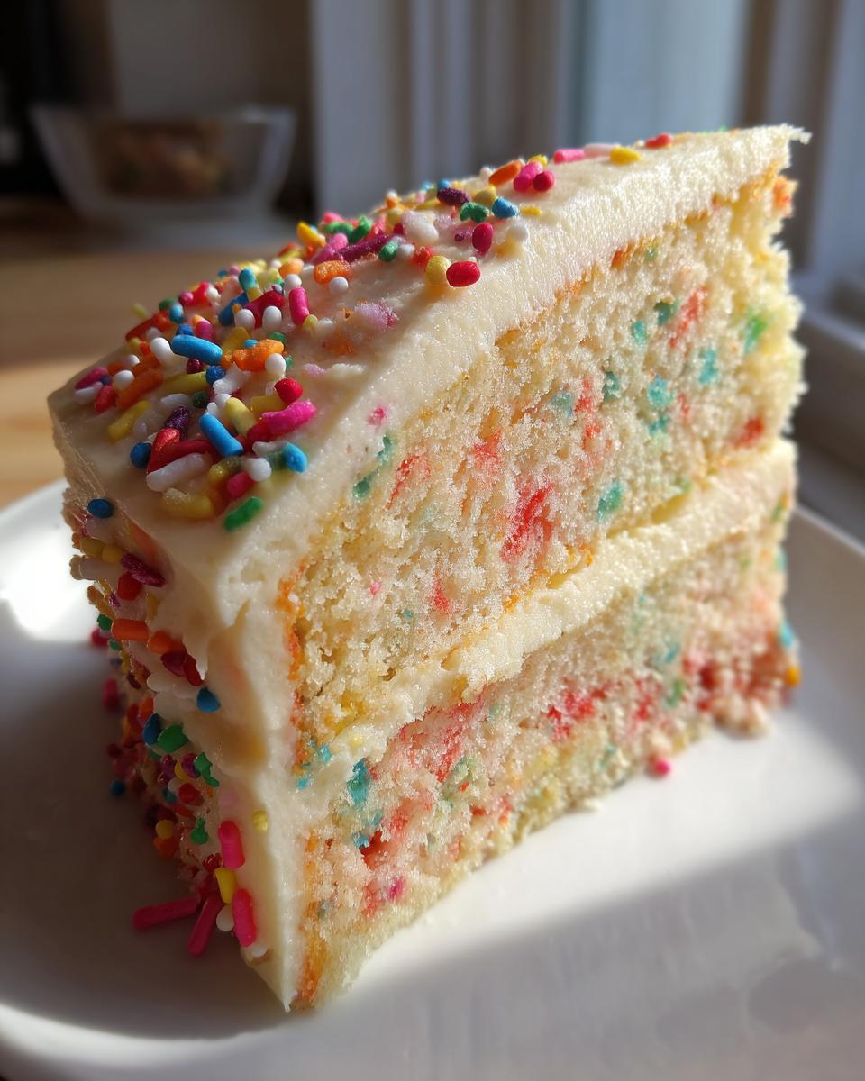 Joyful Funfetti Birthday Cake Recipe 4 A delicious slice of Funfetti Birthday Cake, layered with white frosting and colorful sprinkles.